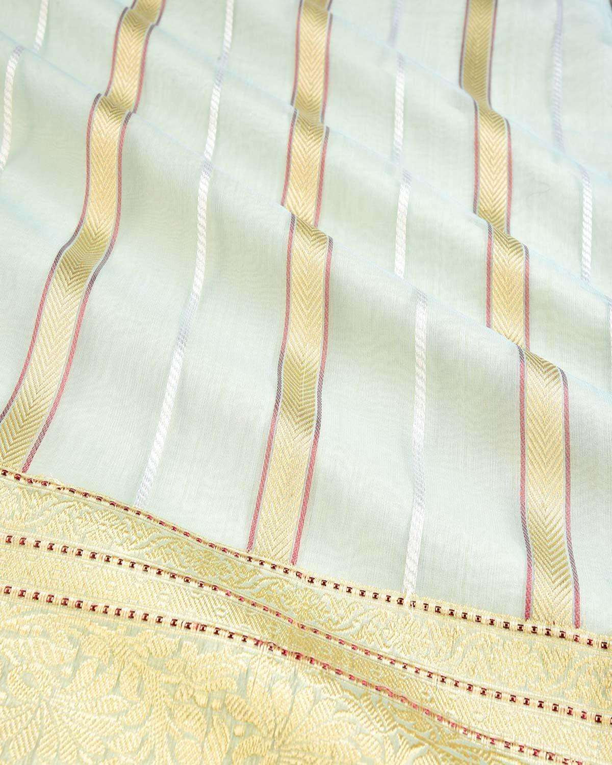 Aqua Blue Banarasi Gold & Silver Zari Stripes Kadhuan Brocade Handwoven Kora Silk Saree - By HolyWeaves, Benares