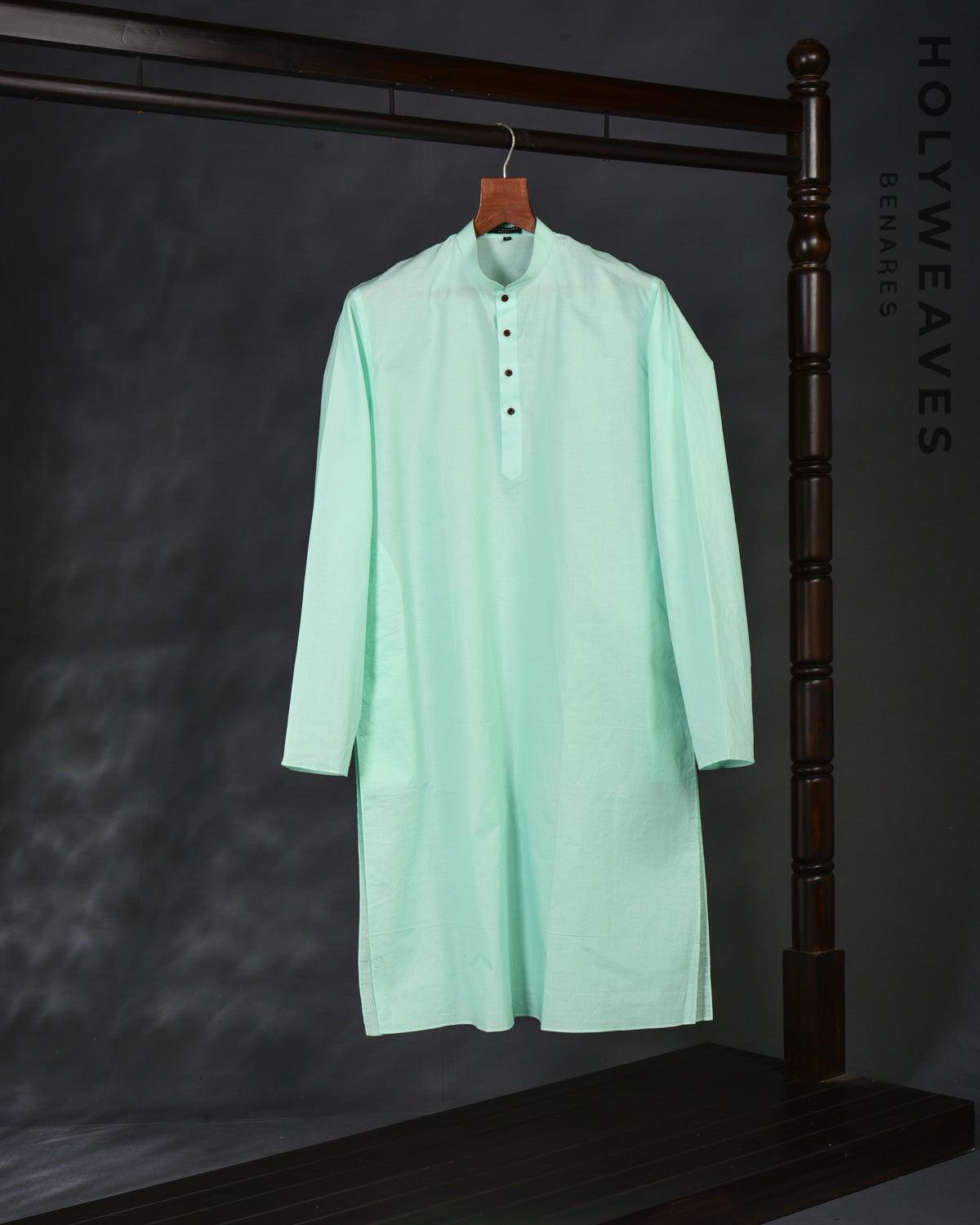 Aqua Marine Addhi Cotton Mens Kurta Pyjama with Haath Ki Jaali Shoulder - By HolyWeaves, Benares