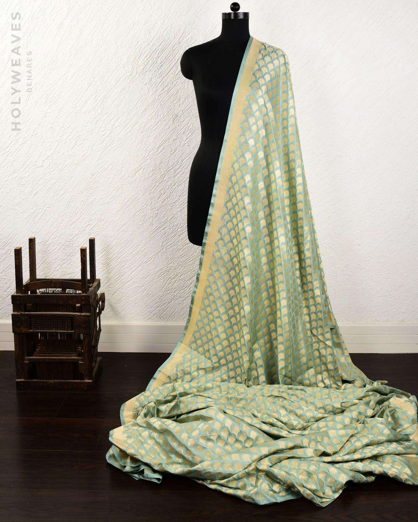 Aqua Marine Banarasi Alfi Resham & Gold Zari Feather Tanchoi Brocade Handwoven Katan Silk Fabric - By HolyWeaves, Benares