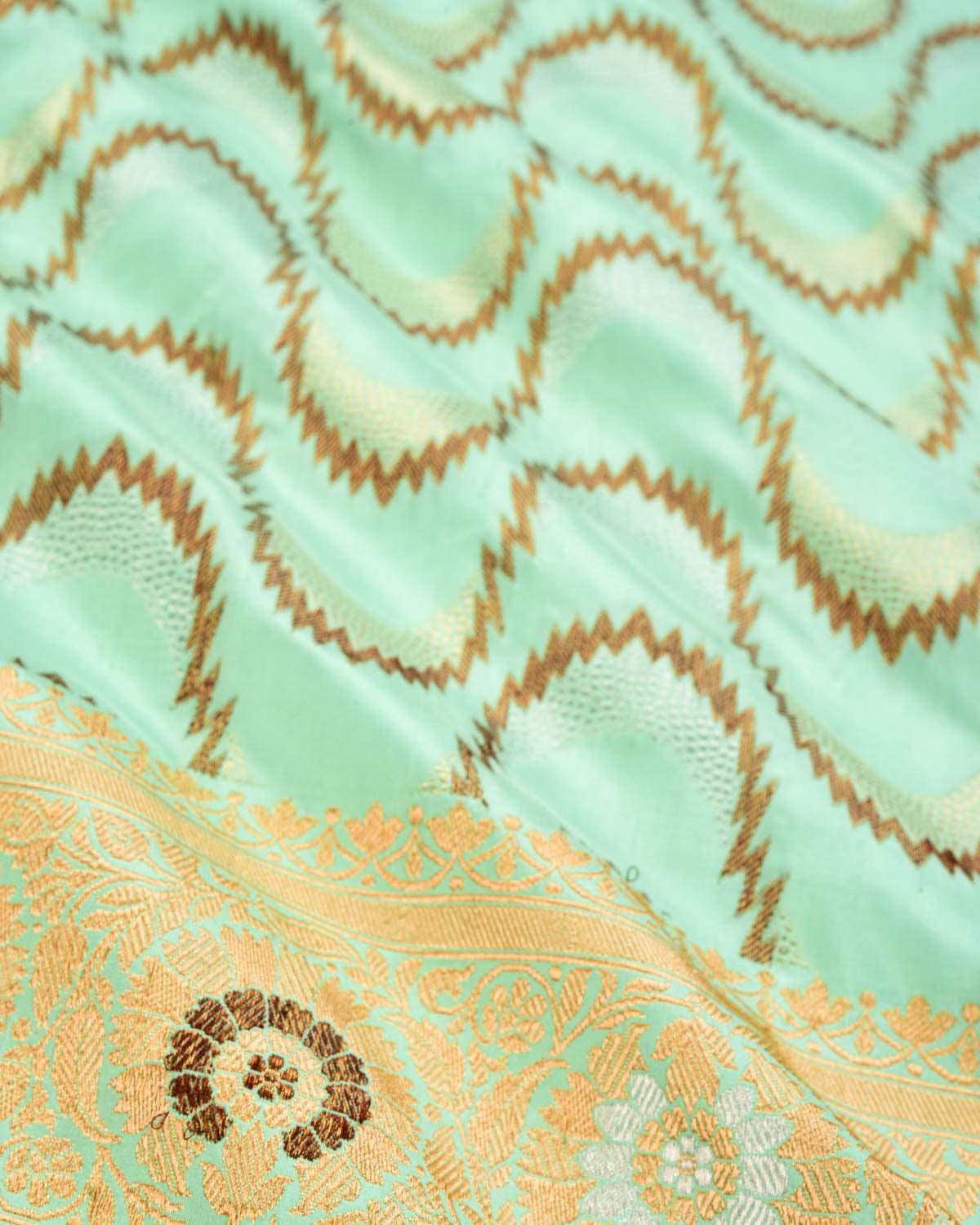 Aqua Marine Banarasi Gold Antique & Silver Zari Geometric Cutwork Brocade Handwoven Katan Silk Saree - By HolyWeaves, Benares