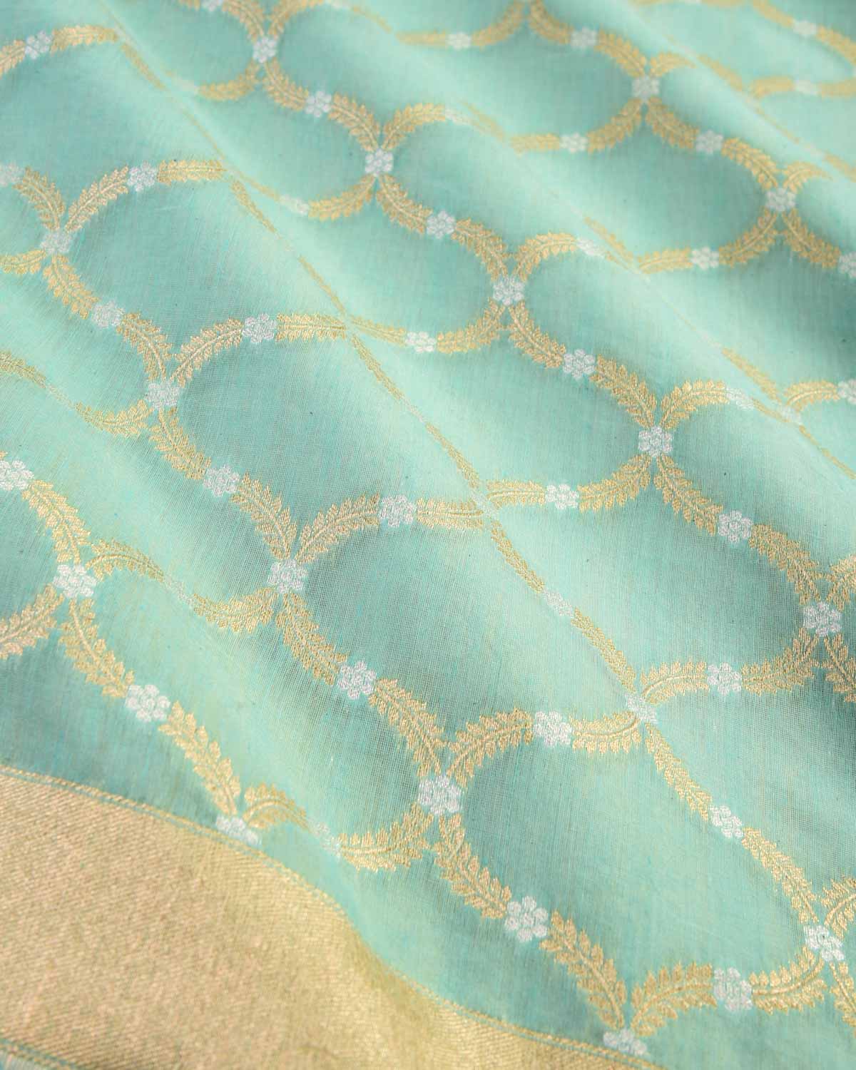 Aqua Marine Banarasi Gold & Silver Zari Alfi Jaal Cutwork Brocade Handwoven Cotton Silk Saree - By HolyWeaves, Benares