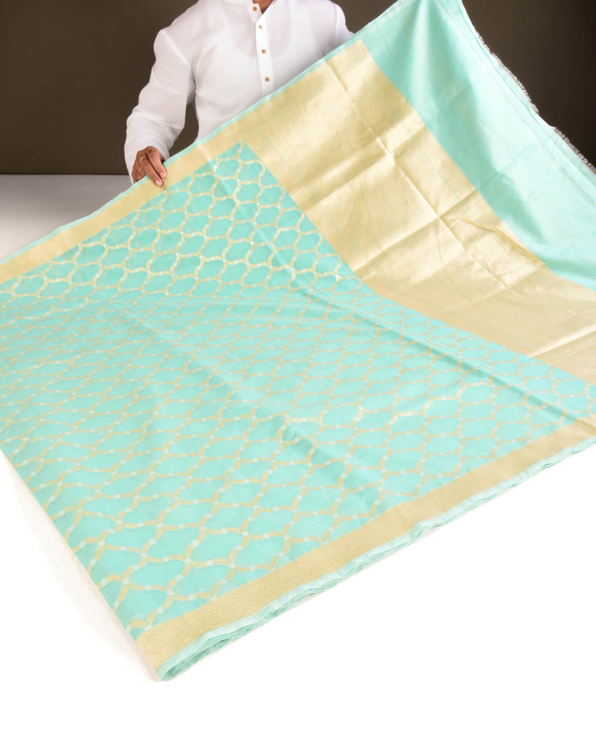 Aqua Marine Banarasi Gold & Silver Zari Alfi Jaal Cutwork Brocade Handwoven Cotton Silk Saree - By HolyWeaves, Benares