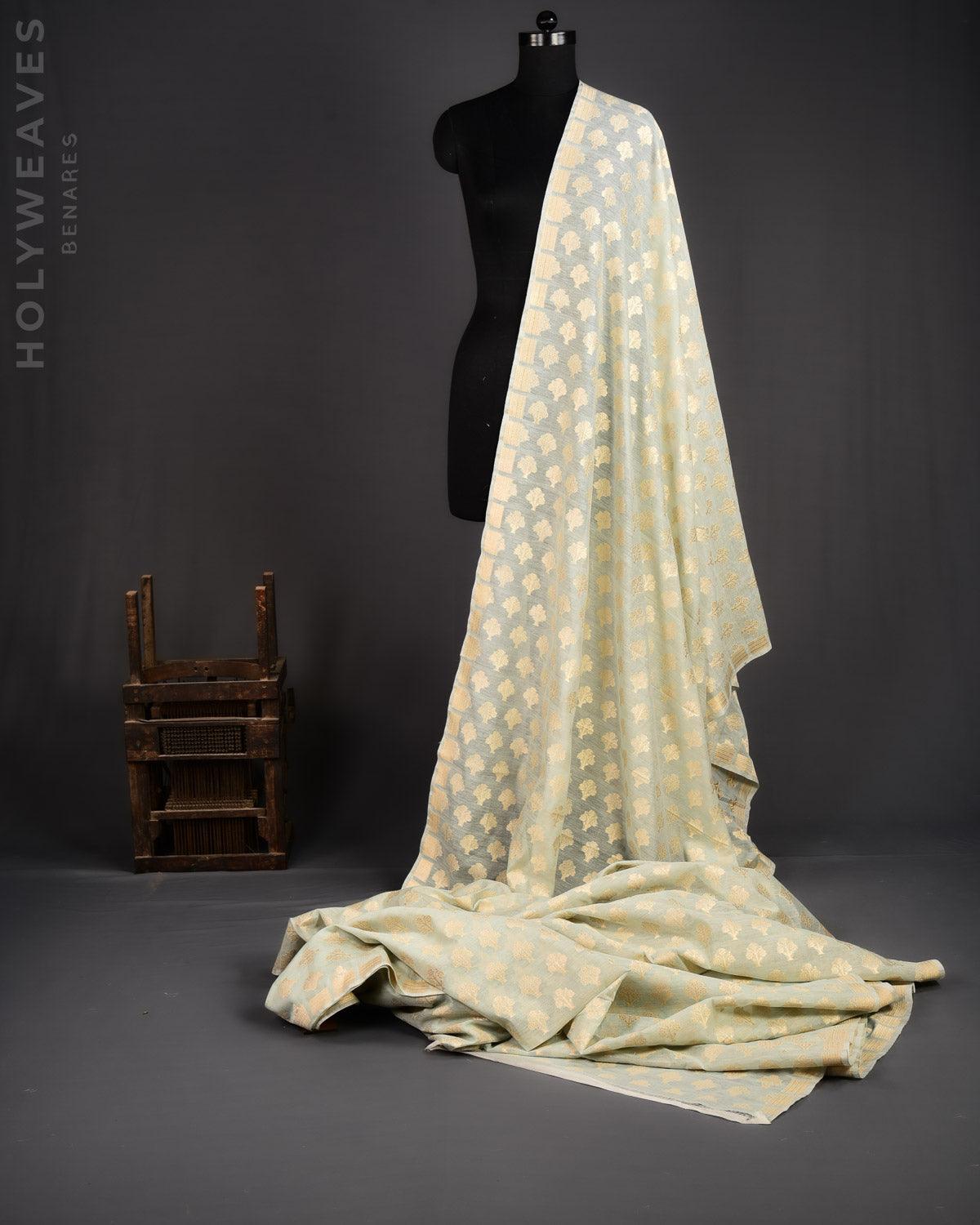 Aqua Marine Banarasi Gold Zari Buti Cutwork Brocade Handwoven Cotton Silk Fabric - By HolyWeaves, Benares