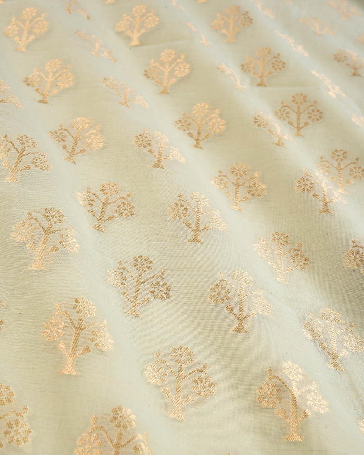 Aqua Marine Banarasi Gold Zari Buti Cutwork Brocade Handwoven Cotton Silk Fabric - By HolyWeaves, Benares