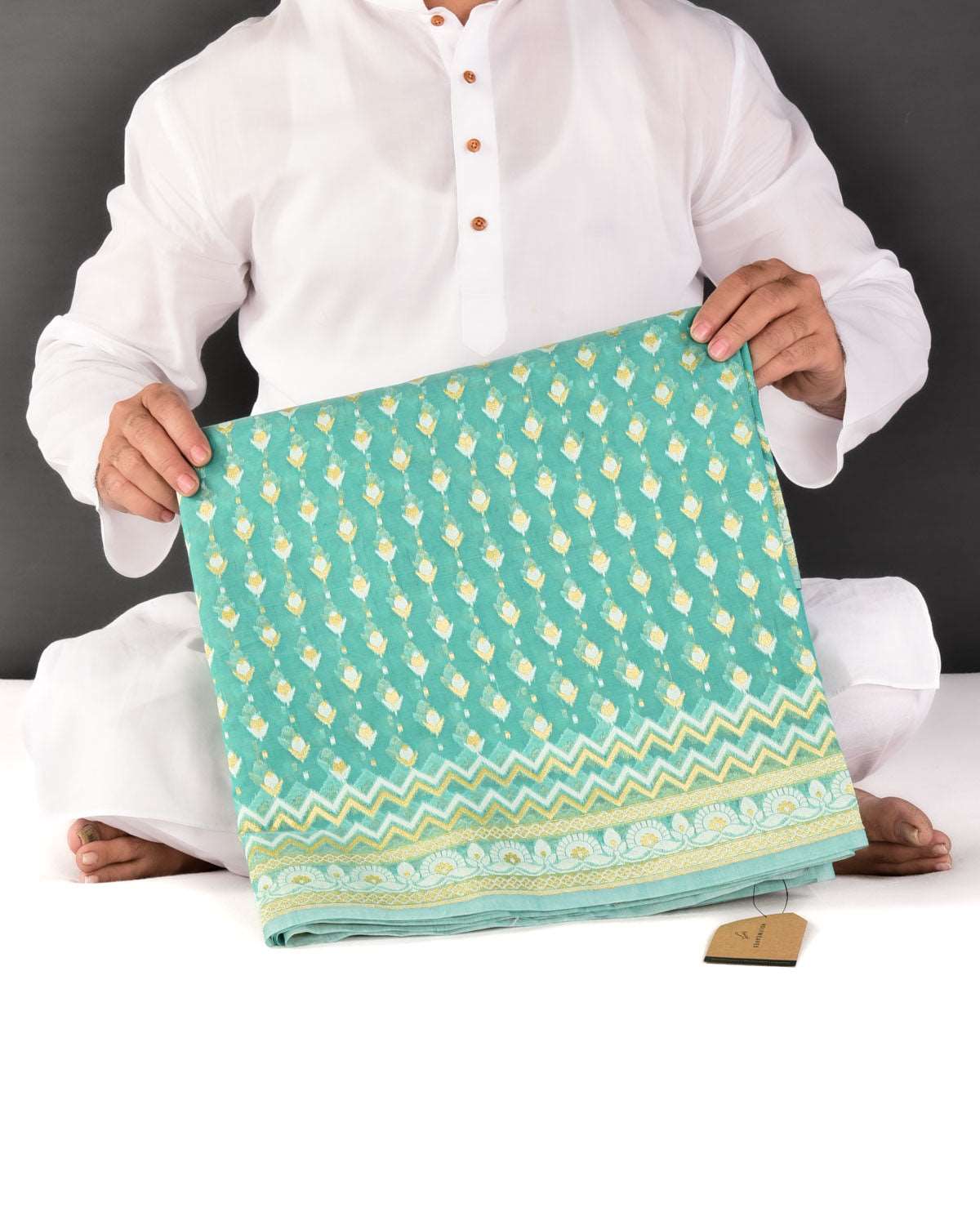 Aqua Marine Banarasi Gold Zari & White Resham Alfi Buti Cutwork Brocade Woven Art Cotton Silk Saree - By HolyWeaves, Benares