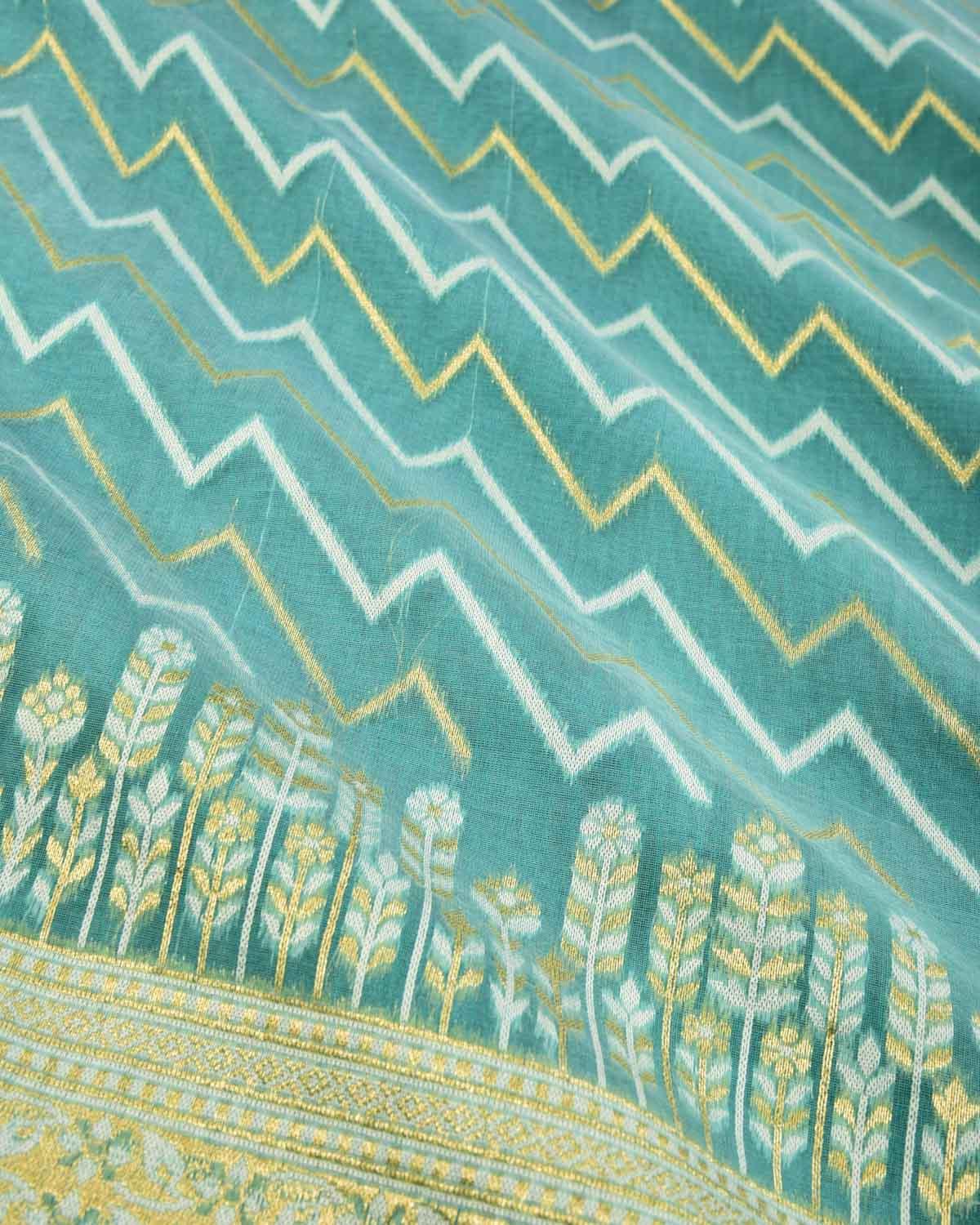 Aqua Marine Banarasi Gold Zari & White Resham Serrated Hills Cutwork Brocade Woven Art Cotton Silk Saree - By HolyWeaves, Benares