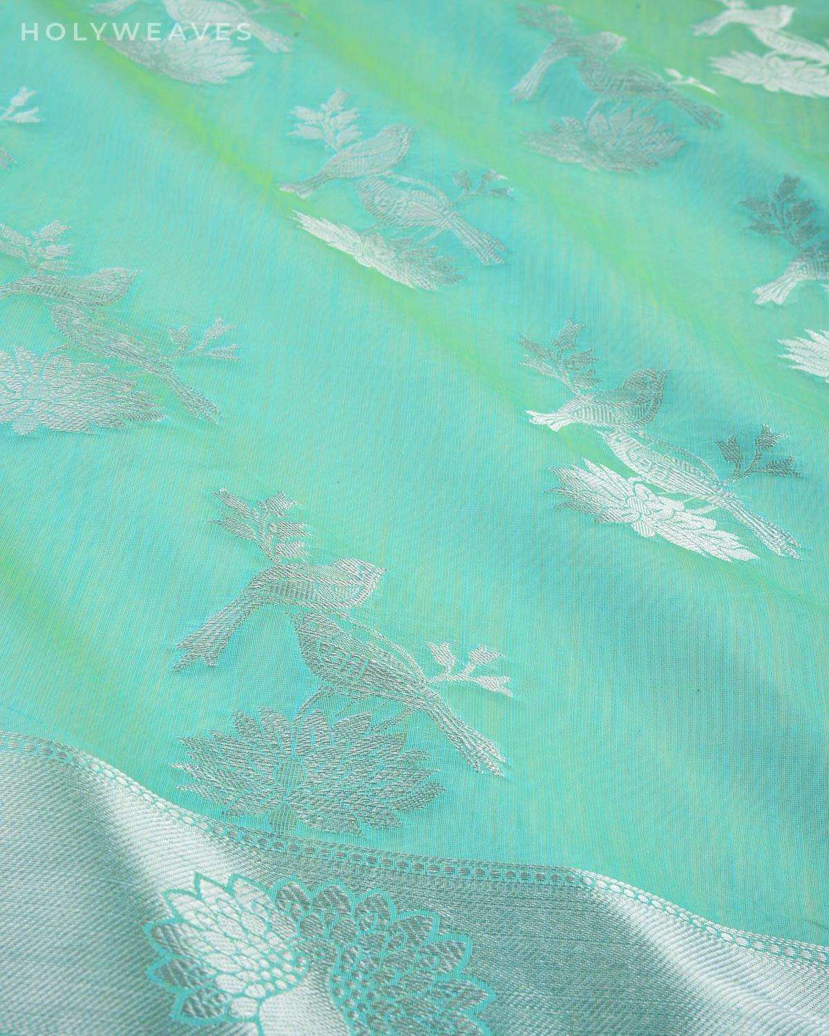Aqua Marine Banarasi Silver Zari Lovebirds Cutwork Brocade Woven Art Cotton Silk Saree - By HolyWeaves, Benares