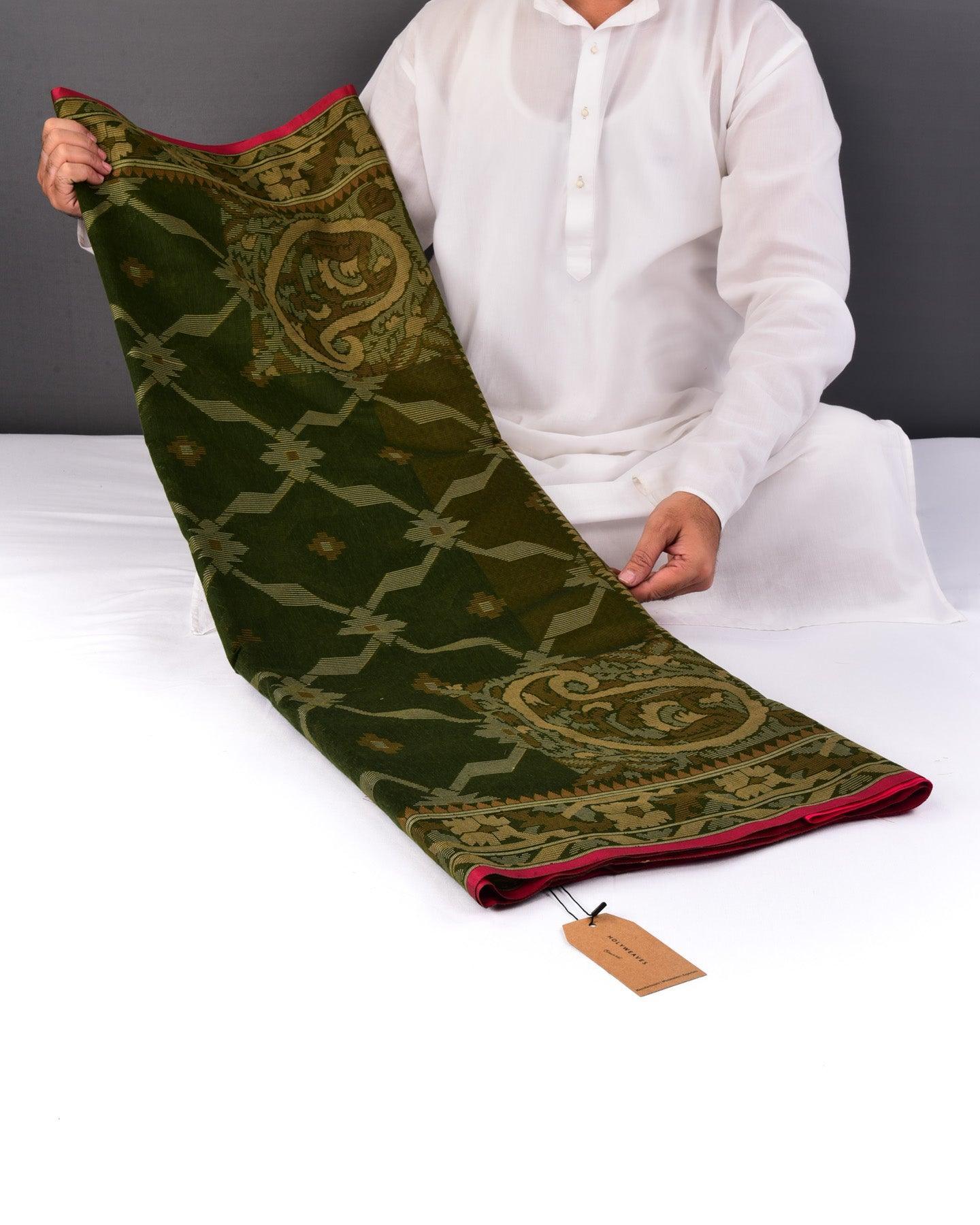 Army Green Banarasi Resham Alfi Cutwork Brocade Woven Cotton Silk Saree with Koniya Buta - By HolyWeaves, Benares