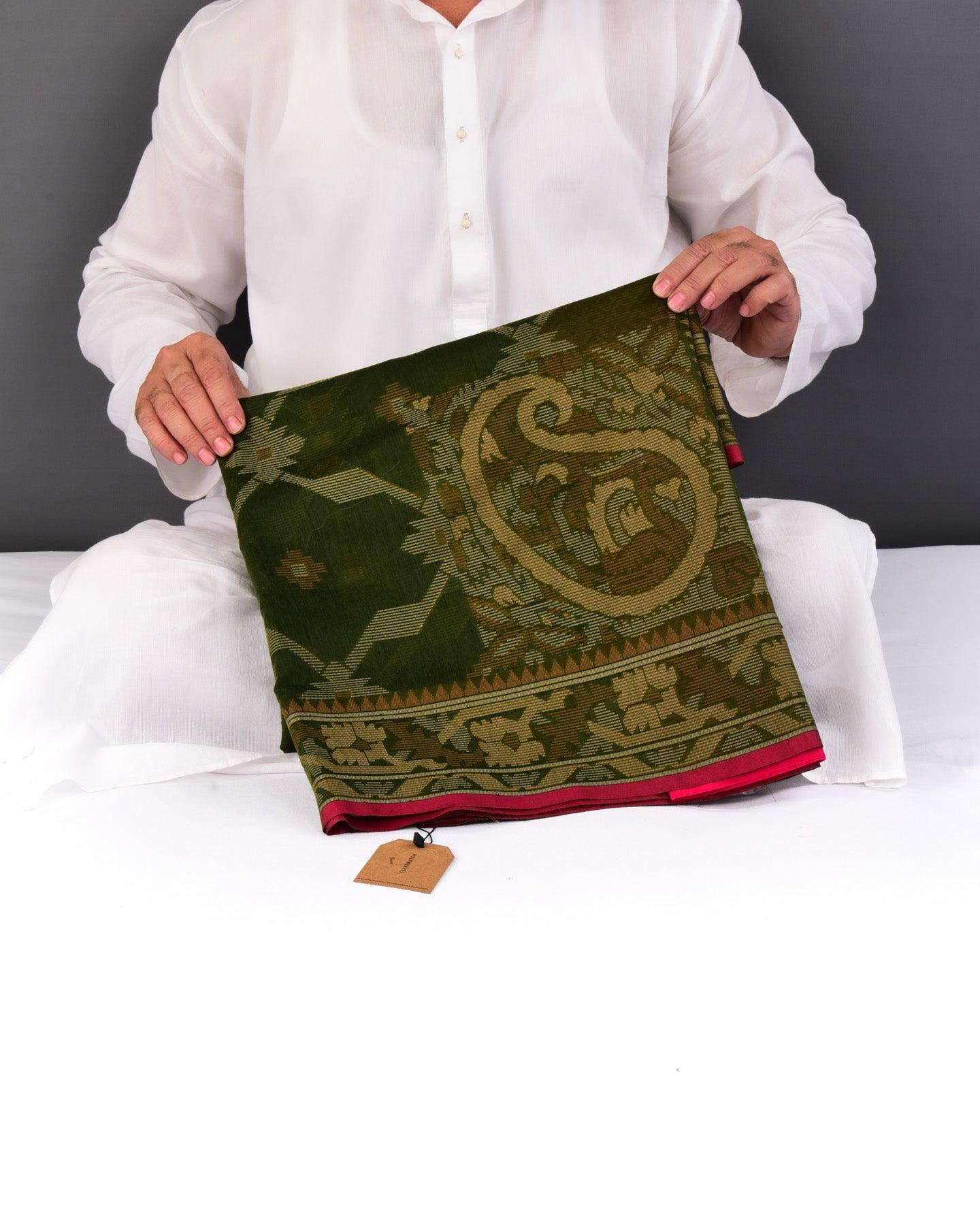 Army Green Banarasi Resham Alfi Cutwork Brocade Woven Cotton Silk Saree with Koniya Buta - By HolyWeaves, Benares