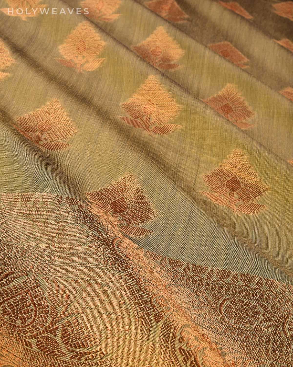 Artichoke Green Banarasi Antique Zari Cutwork Brocade Woven Cotton Silk Saree with Black Brocade Blouse Piece - By HolyWeaves, Benares