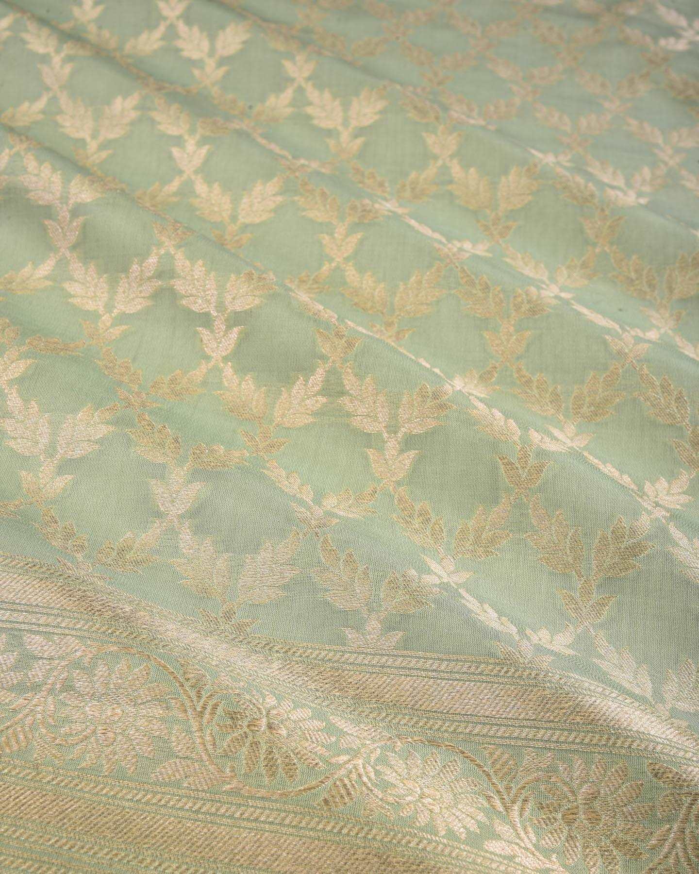 Artichoke Green Banarasi Soft Gold Zari Jangla Cutwork Brocade Handwoven Summer Silk Dupatta - By HolyWeaves, Benares