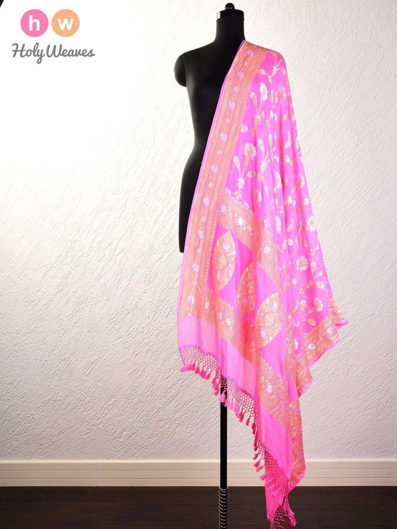 Baby Pink Banarasi Sona-Rupa Jaal Cutwork Brocade Handwoven Khaddi Georgette Dupatta - By HolyWeaves, Benares