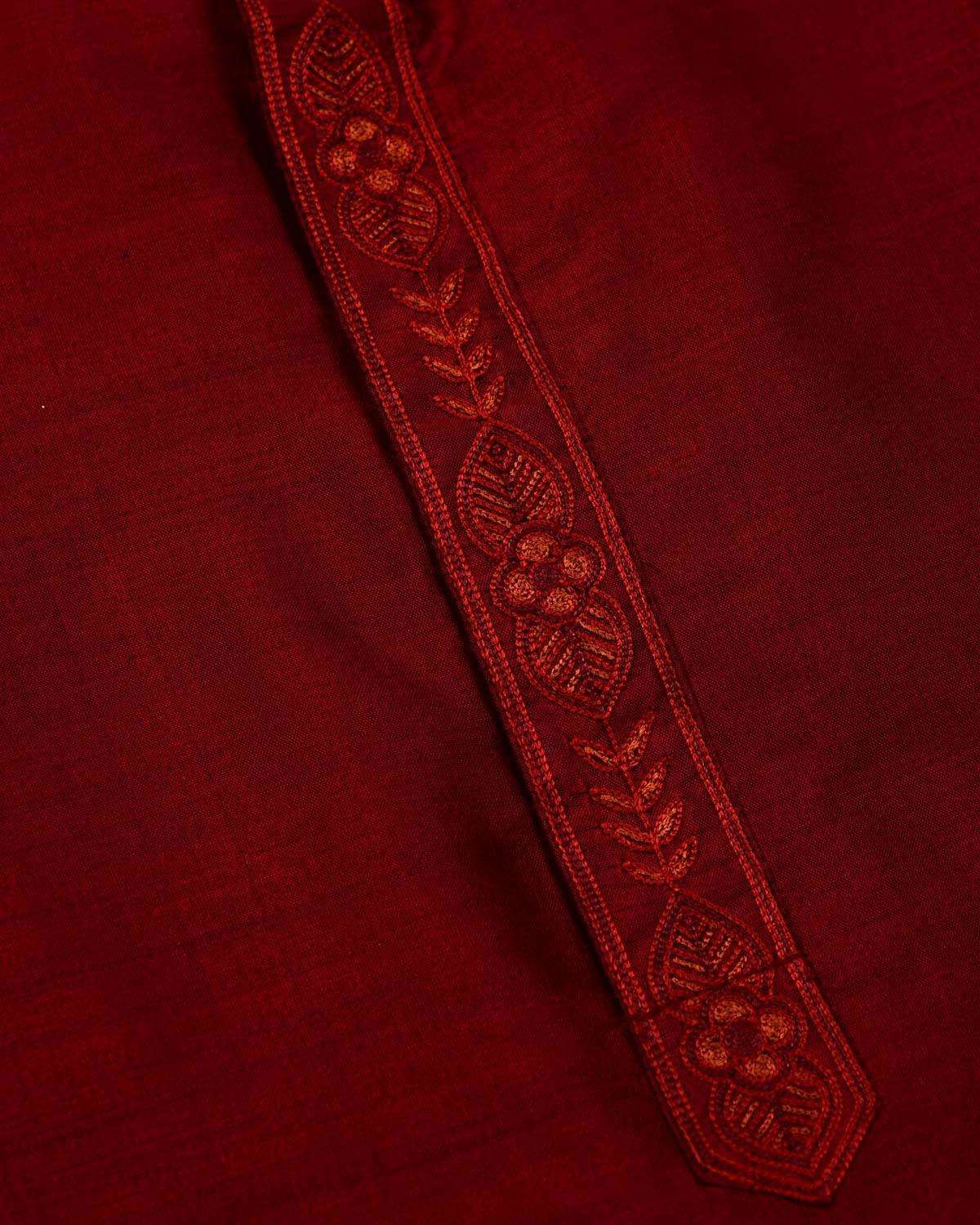 Barn Red Banarasi Hand Embroidered Spun Silk Mens Kurta Pyjama - By HolyWeaves, Benares