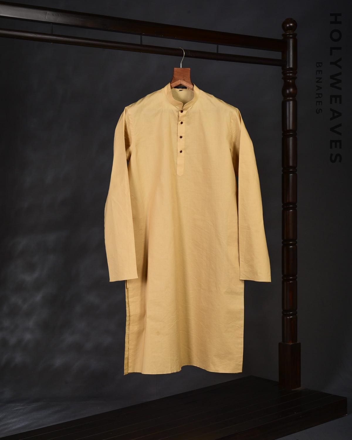 Beige Addhi Cotton Mens Kurta Pyjama with Haath Ki Jaali Shoulder - By HolyWeaves, Benares
