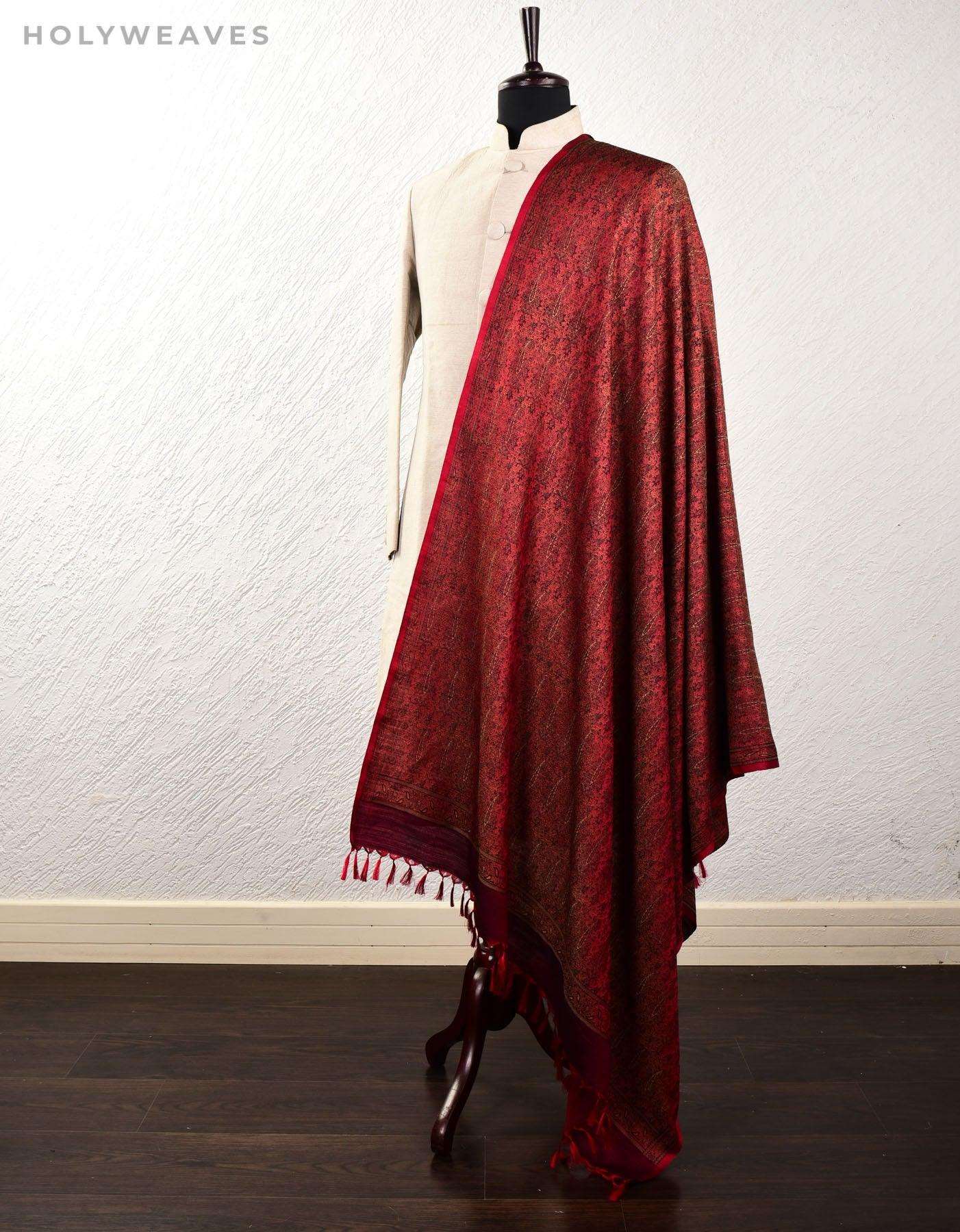 Beige & Black On Red Banarasi Alfi Paisley Jamawar Handwoven Silk-wool Shawl - By HolyWeaves, Benares