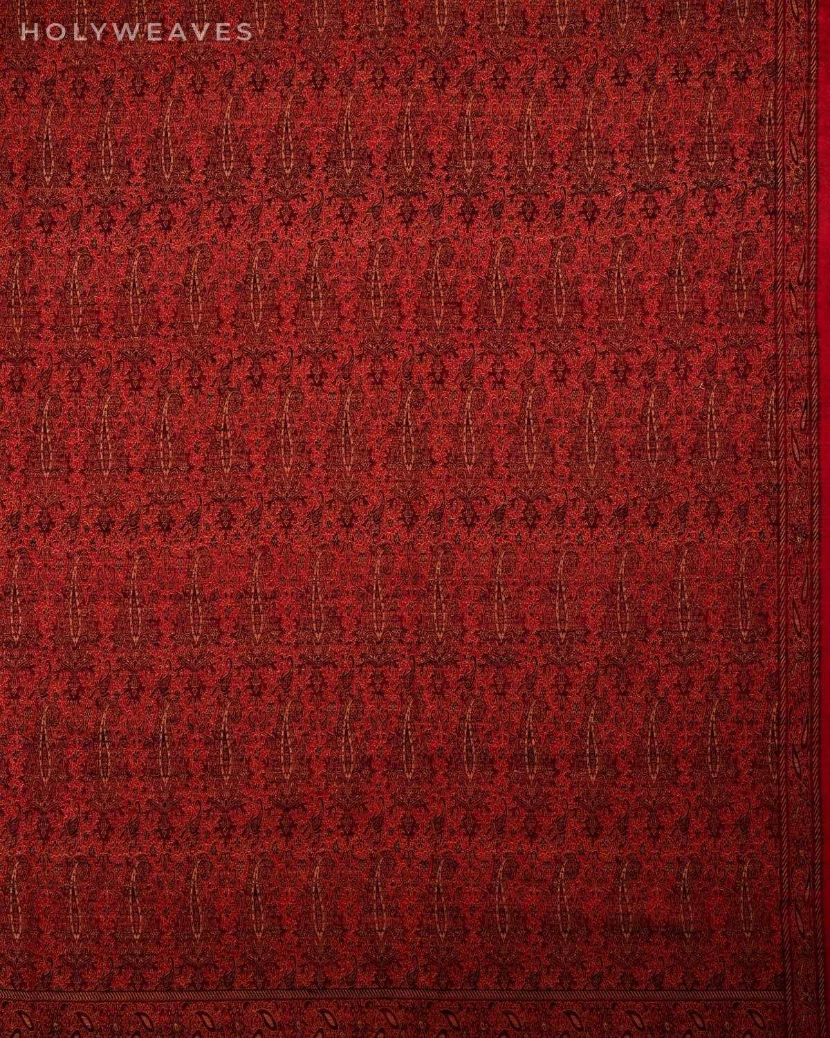 Beige & Black On Red Banarasi Alfi Paisley Jamawar Handwoven Silk-wool Shawl - By HolyWeaves, Benares