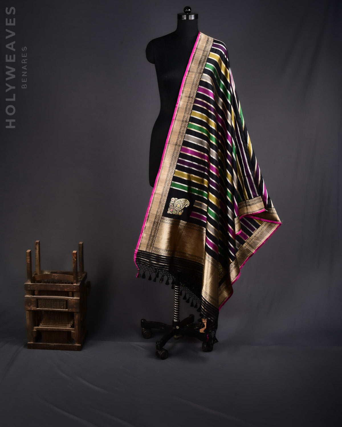Black Banarasi Multi-color Stripes Rangkaat Handwoven Katan Silk Dupatta with with Koniya Buta - By HolyWeaves, Benares