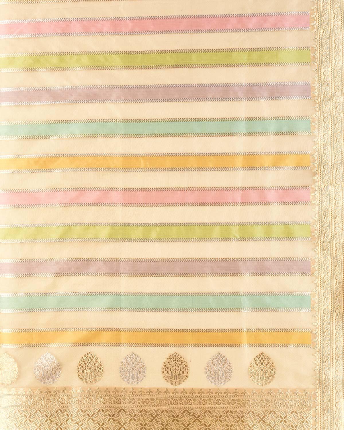 Multi-color Banarasi Candy Stripes Rangkaat Brocade Handwoven Kora Silk Dupatta - By HolyWeaves, Benares