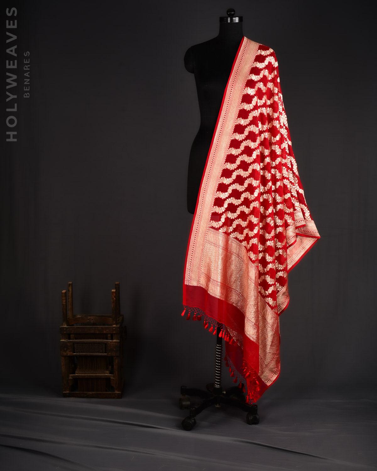 Red Banarasi Gold Zari Leheriya Cutwork Brocade Handwoven Khaddi Georgette Dupatta - By HolyWeaves, Benares