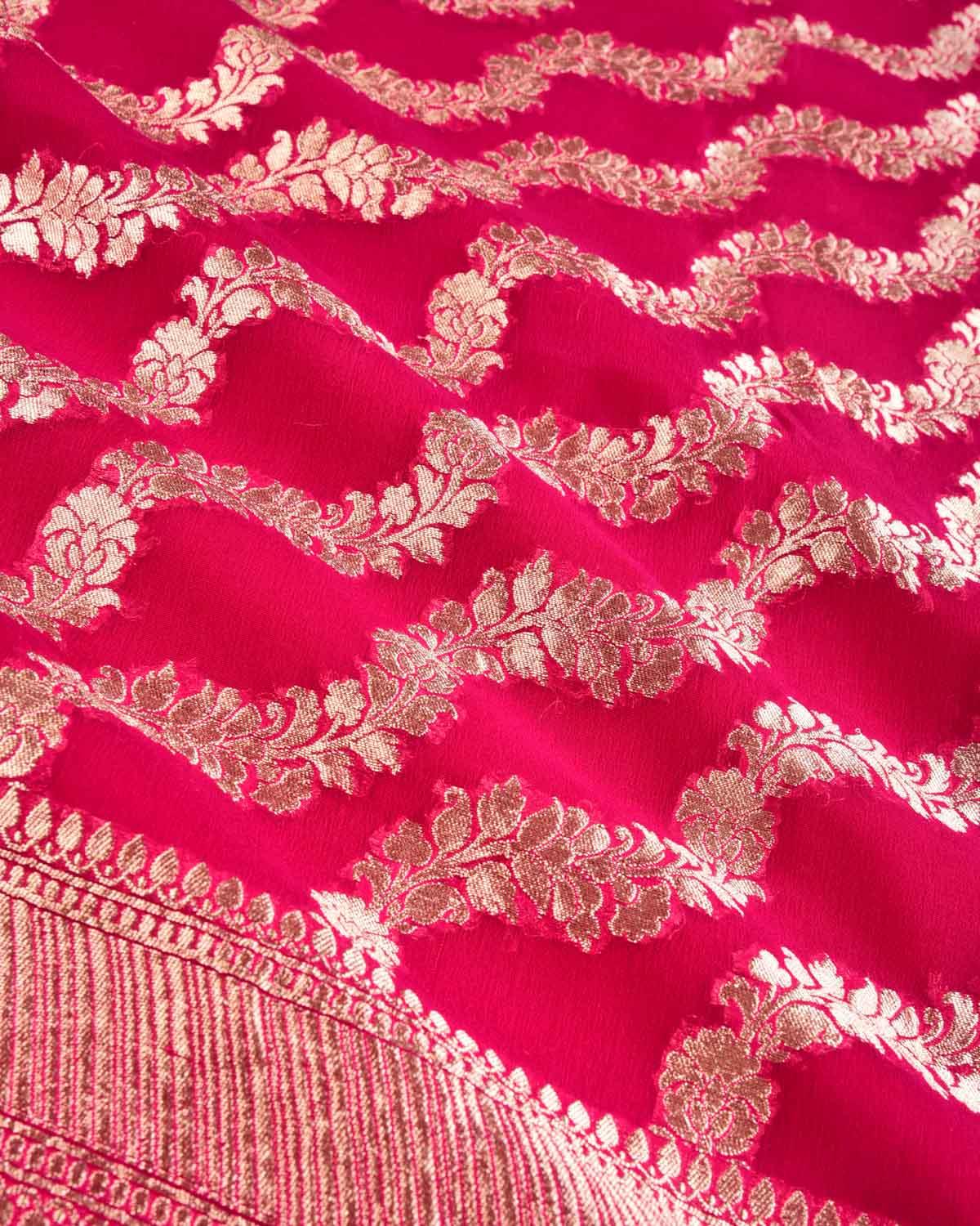 Rani Pink Banarasi Gold Zari Leheriya Cutwork Brocade Handwoven Khaddi Georgette Dupatta - By HolyWeaves, Benares