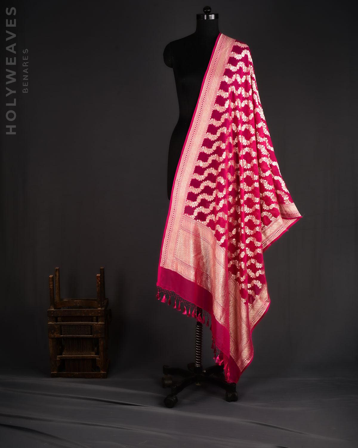 Rani Pink Banarasi Gold Zari Leheriya Cutwork Brocade Handwoven Khaddi Georgette Dupatta - By HolyWeaves, Benares