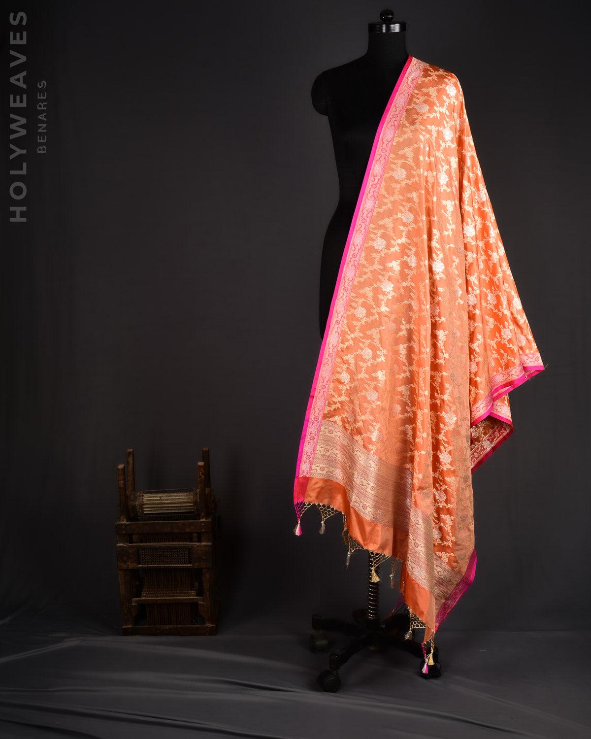 Shot Peach Banarasi Gold & Silver Zari Alfi Floral Jaal Cutwork Brocade Handwoven Katan Silk Dupatta - By HolyWeaves, Benares
