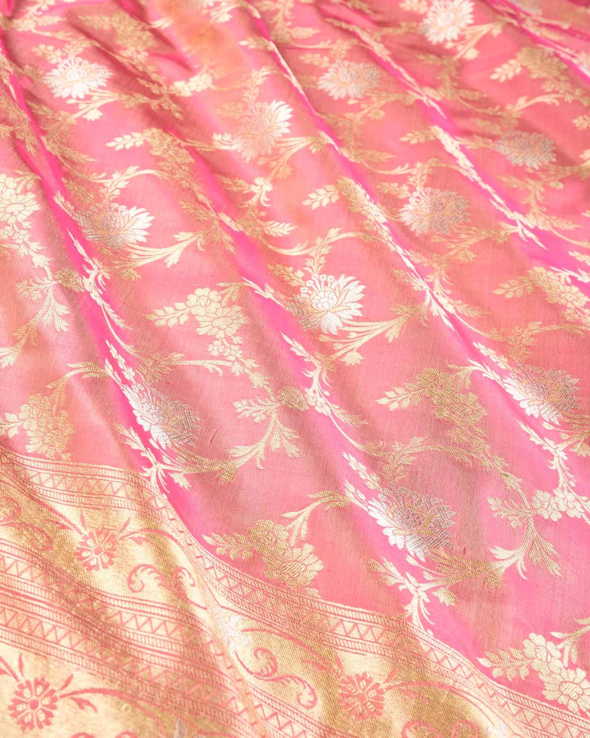 Shot Pink Banarasi Gold & Silver Zari Alfi Floral Jaal Cutwork Brocade Handwoven Katan Silk Dupatta - By HolyWeaves, Benares