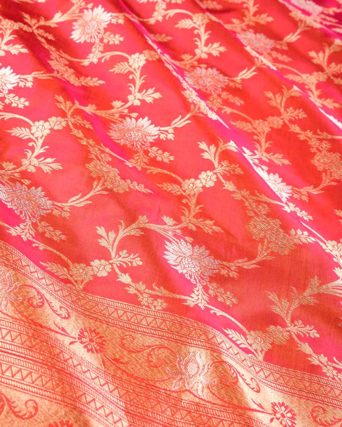 Shot Pink-Orange Banarasi Gold & Silver Zari Alfi Floral Jaal Cutwork Brocade Handwoven Katan Silk Dupatta - By HolyWeaves, Benares