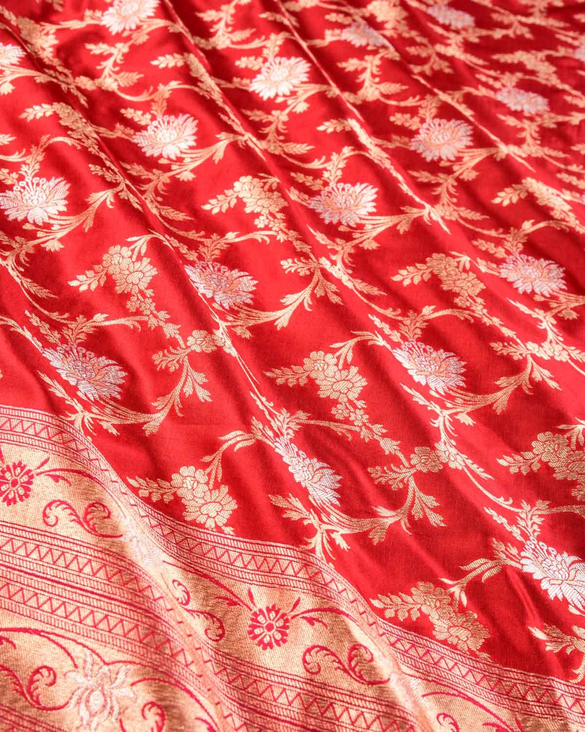 Red Banarasi Gold & Silver Zari Alfi Floral Jaal Cutwork Brocade Handwoven Katan Silk Dupatta - By HolyWeaves, Benares