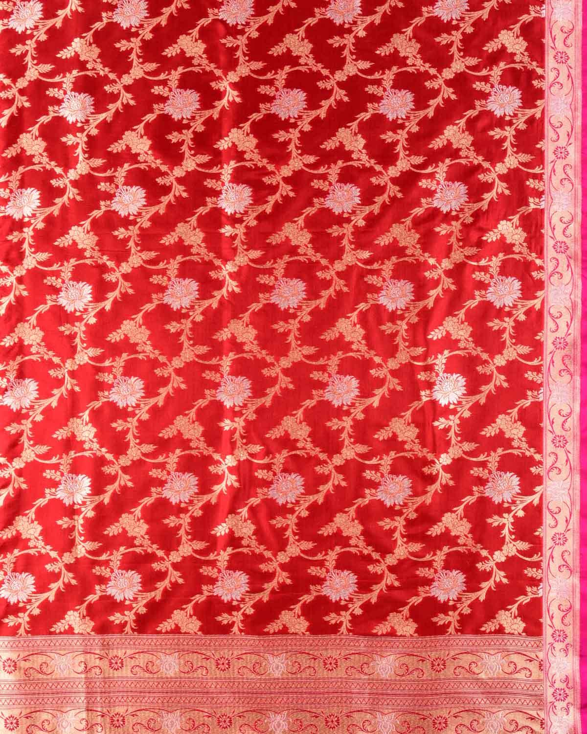 Red Banarasi Gold & Silver Zari Alfi Floral Jaal Cutwork Brocade Handwoven Katan Silk Dupatta - By HolyWeaves, Benares