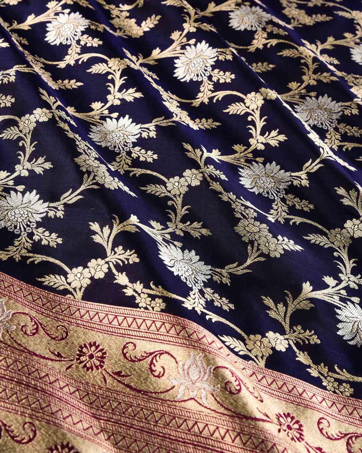 Navy Blue Banarasi Gold & Silver Zari Alfi Floral Jaal Cutwork Brocade Handwoven Katan Silk Dupatta - By HolyWeaves, Benares