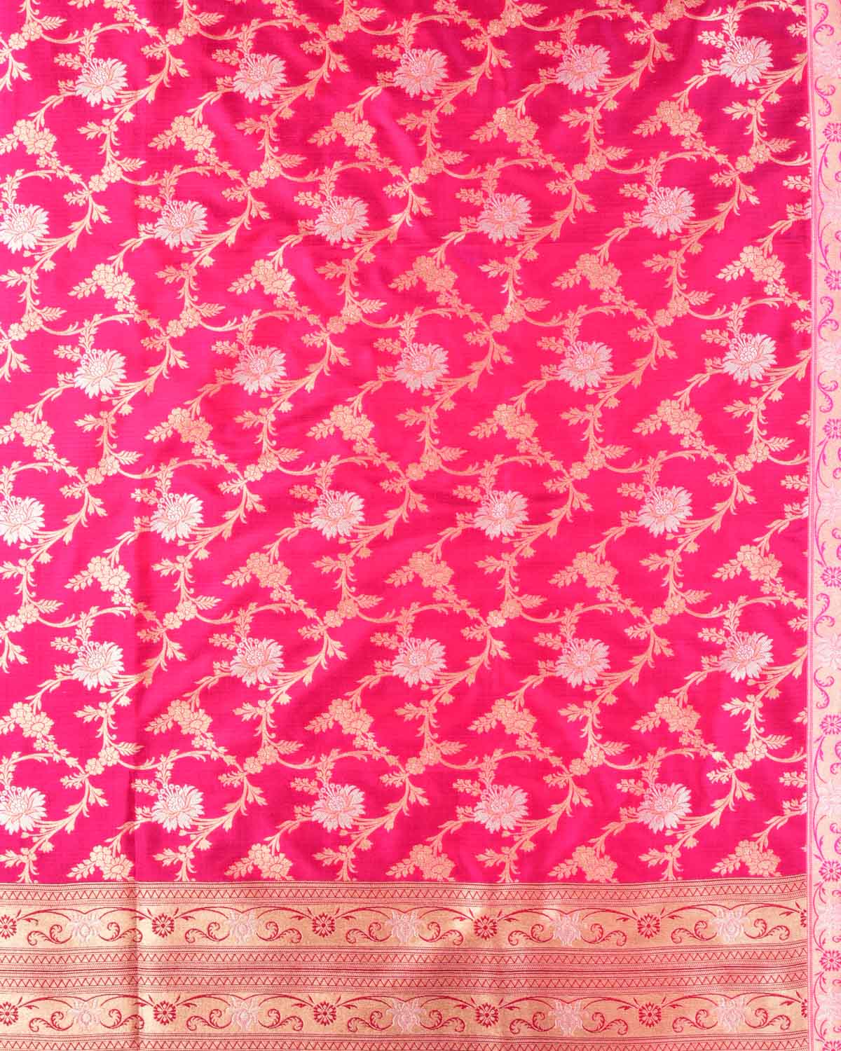 Shot Red-Pink Banarasi Gold & Silver Zari Alfi Floral Jaal Cutwork Brocade Handwoven Katan Silk Dupatta - By HolyWeaves, Benares