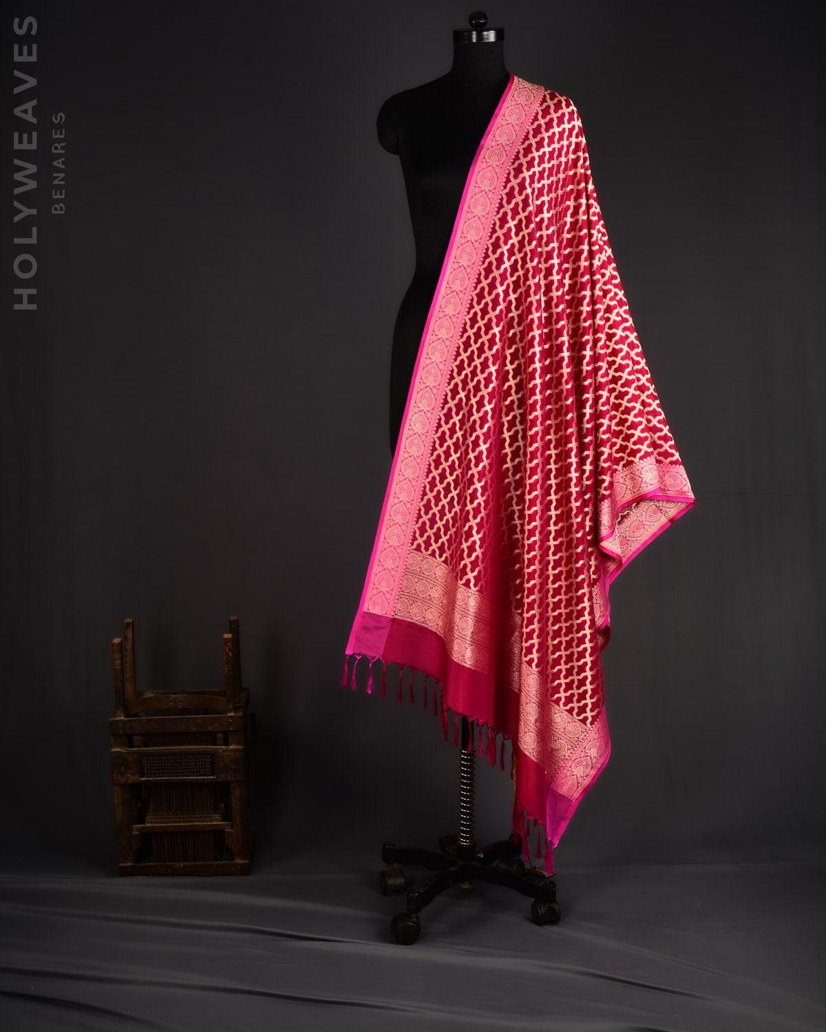 Shot Rani Pink Banarasi Soft Gold Zari Geometric Grids Cutwork Brocade Handwoven Katan Georgette Dupatta - By HolyWeaves, Benares