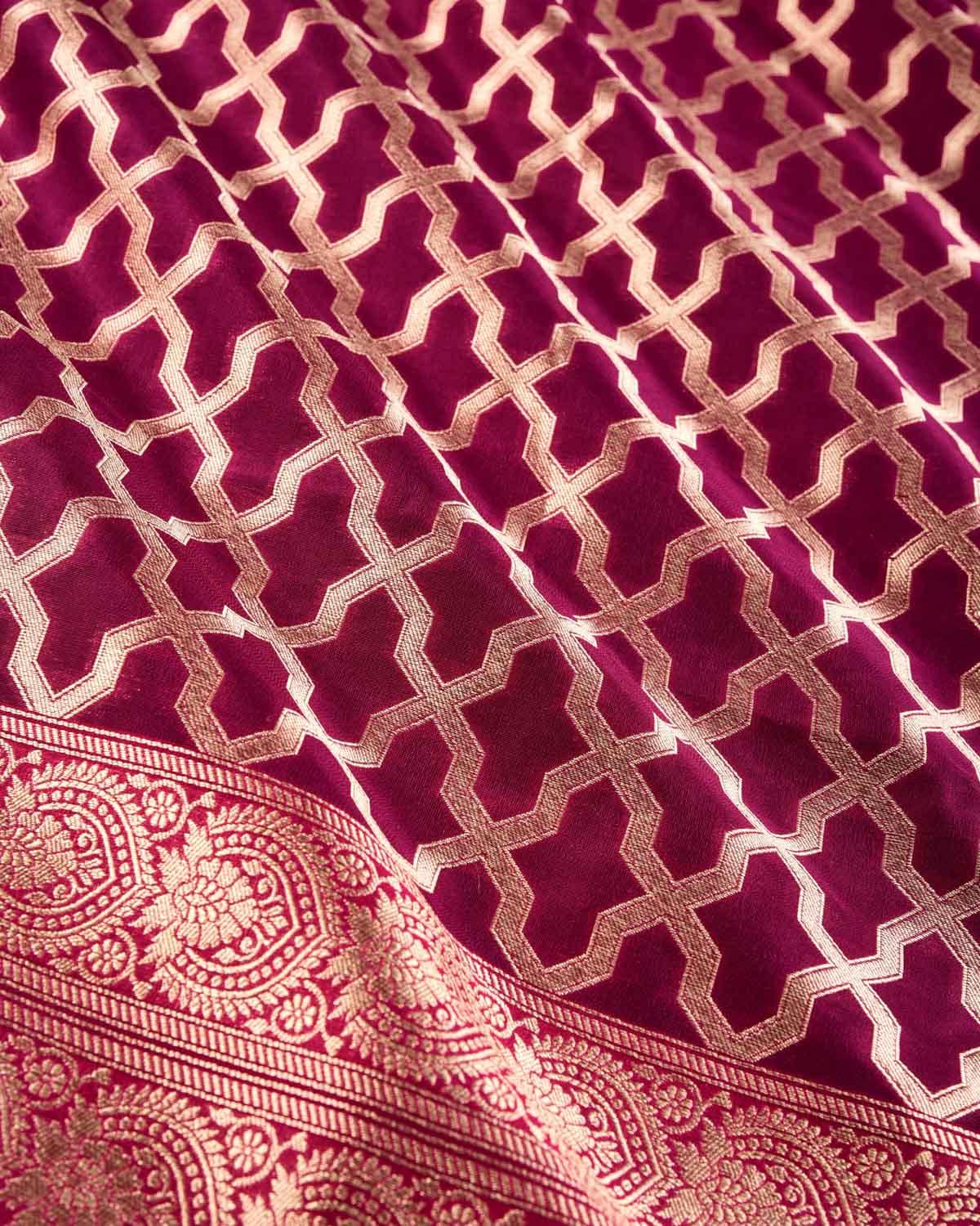 Purple Banarasi Soft Gold Zari Geometric Grids Cutwork Brocade Handwoven Katan Georgette Dupatta - By HolyWeaves, Benares