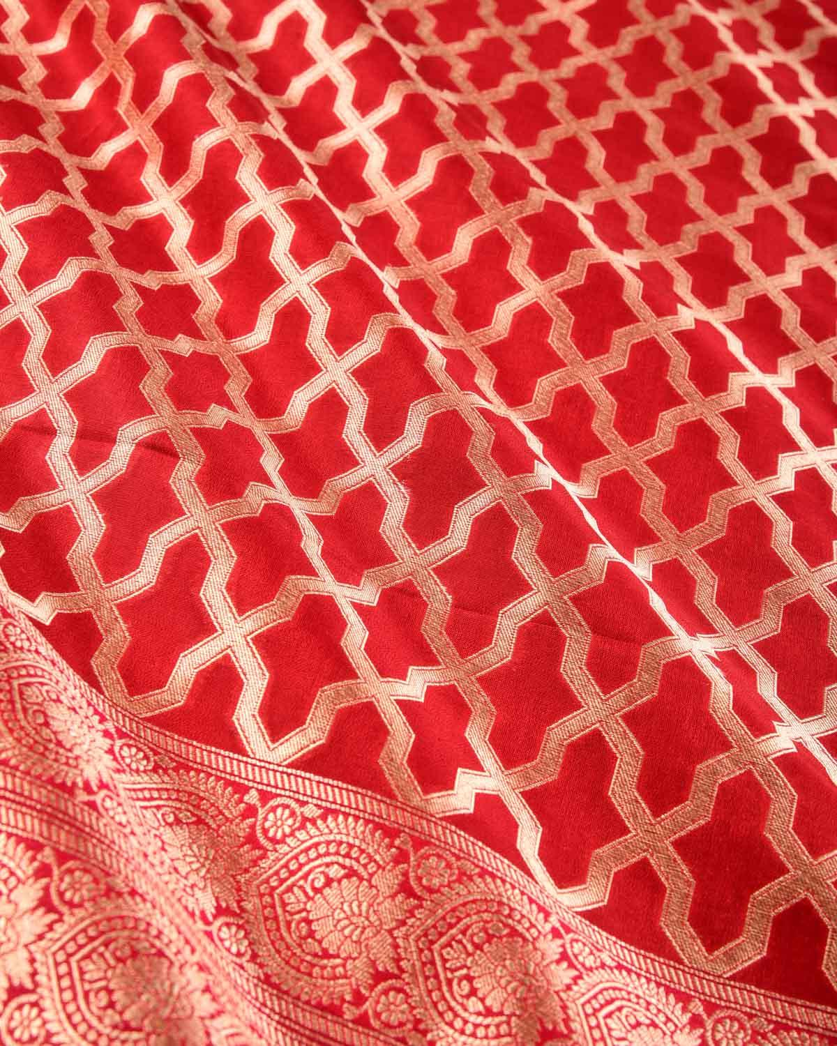 Red Banarasi Soft Gold Zari Geometric Grids Cutwork Brocade Handwoven Katan Georgette Dupatta - By HolyWeaves, Benares