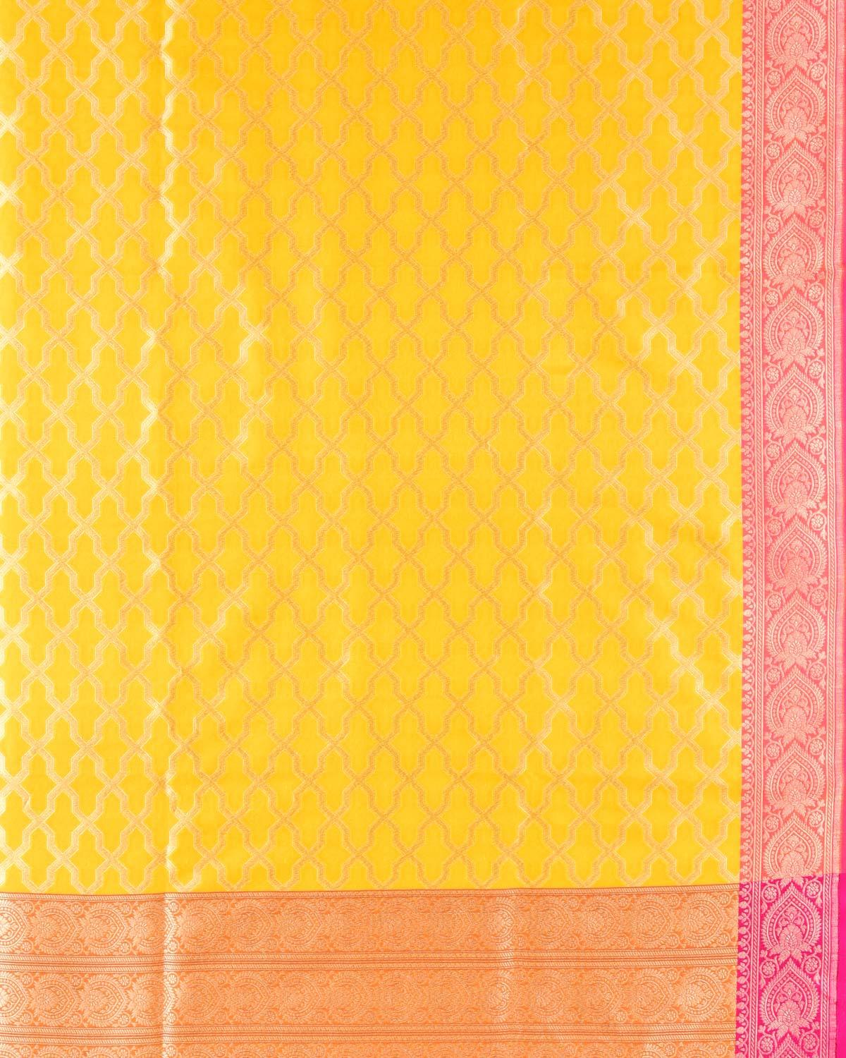 Yellow Banarasi Soft Gold Zari Geometric Grids Cutwork Brocade Handwoven Katan Georgette Dupatta - By HolyWeaves, Benares