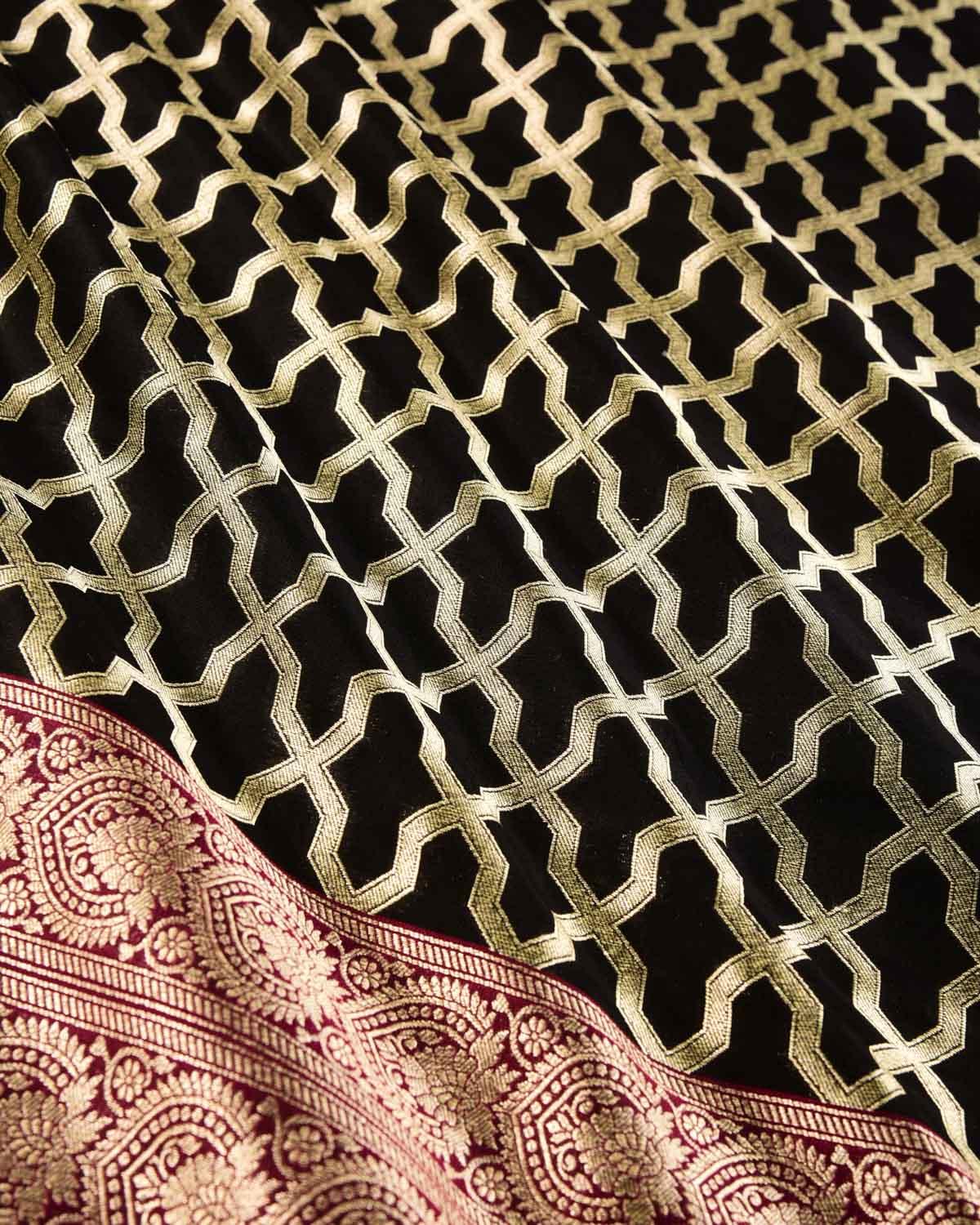 Black Banarasi Soft Gold Zari Geometric Grids Cutwork Brocade Handwoven Katan Georgette Dupatta - By HolyWeaves, Benares