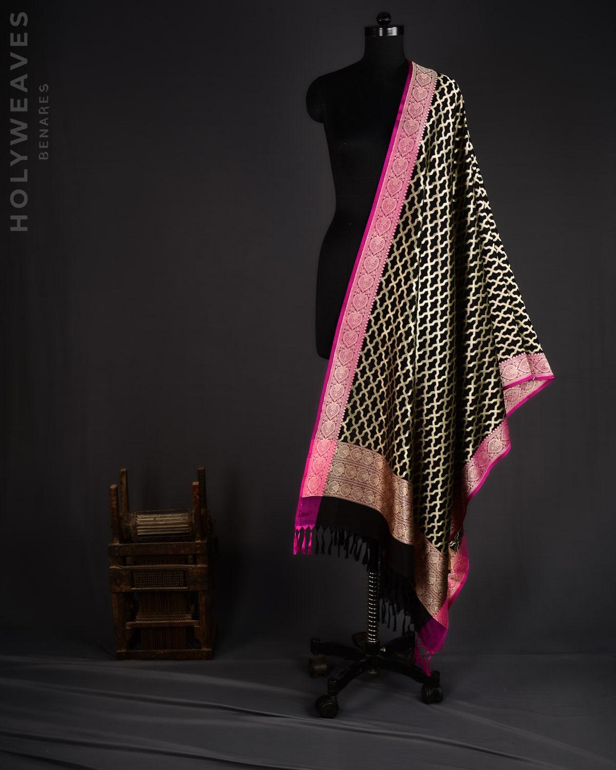 Black Banarasi Soft Gold Zari Geometric Grids Cutwork Brocade Handwoven Katan Georgette Dupatta - By HolyWeaves, Benares