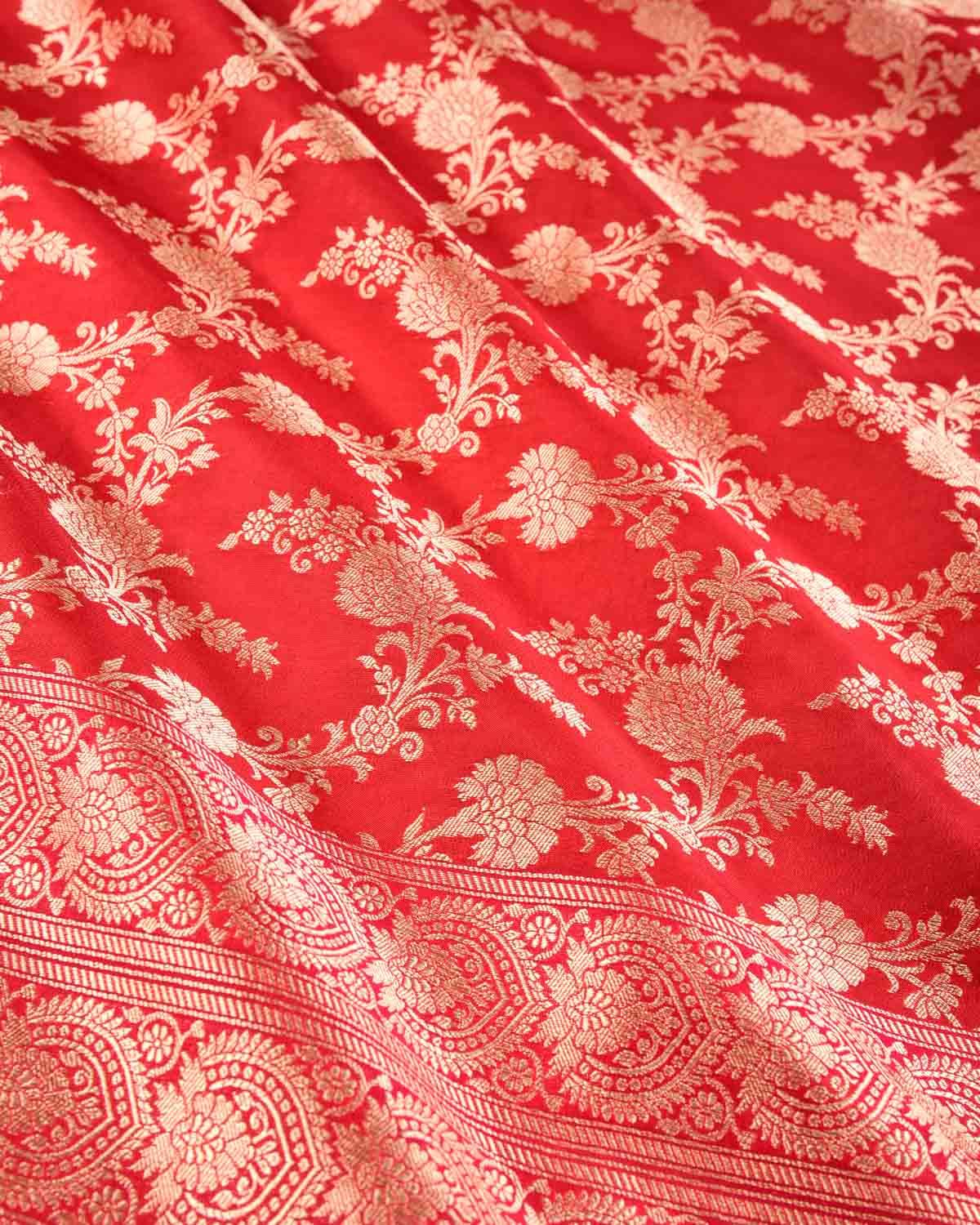 Red Banarasi Soft Gold Zari Floral Jaal Cutwork Brocade Handwoven Katan Georgette Dupatta - By HolyWeaves, Benares
