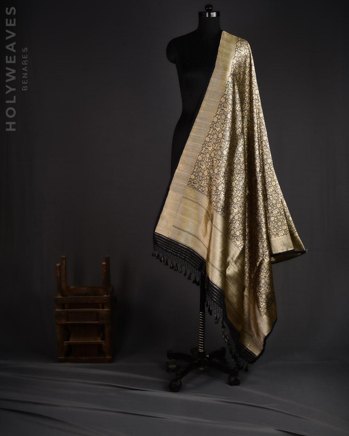 Black Banarasi Shikargah Brocade Handwoven Katan Silk Dupatta - By HolyWeaves, Benares