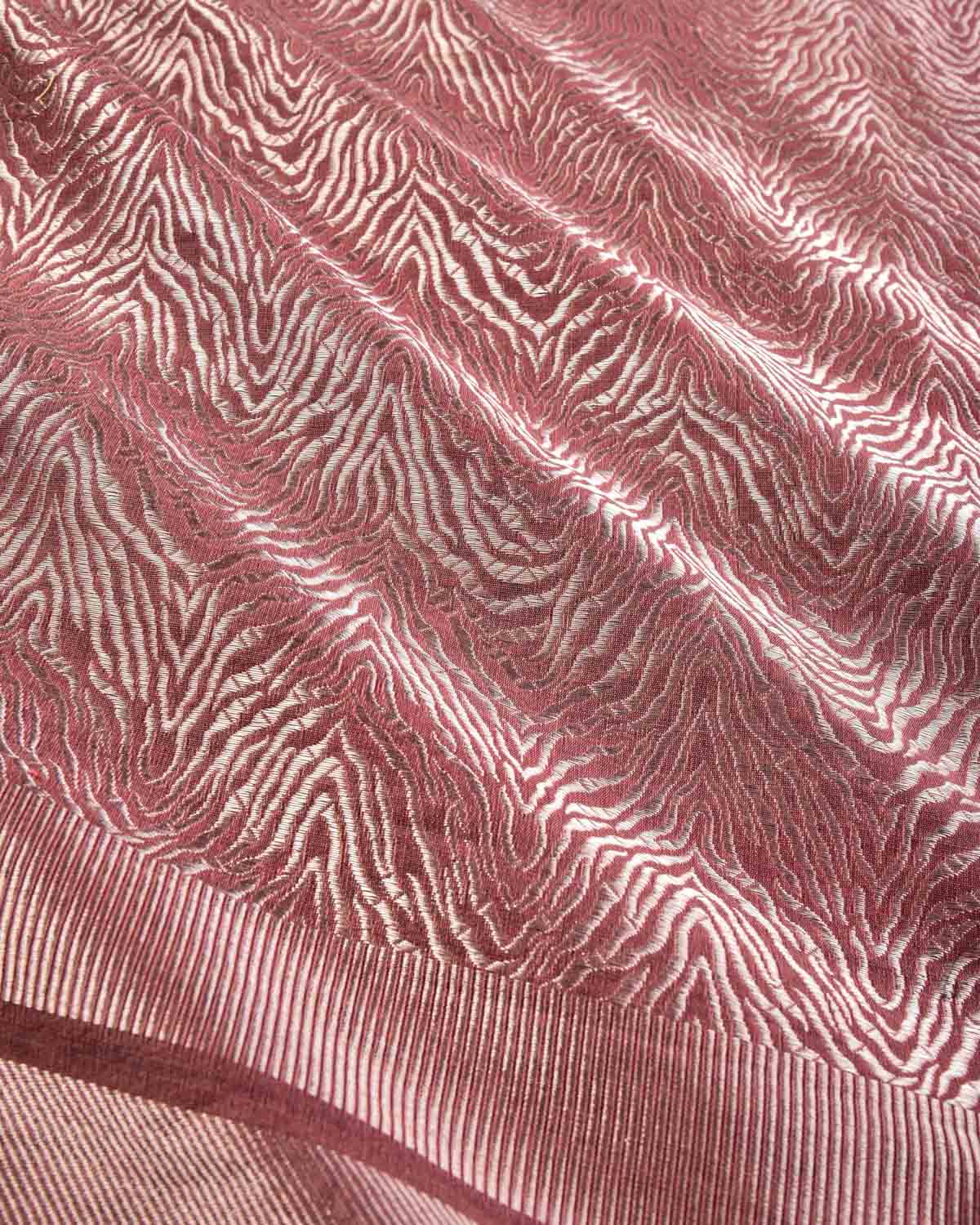 Light Garnet Banarasi Silver Zari Tigress Stripes Brocade Handwoven Silk-Wool Dupatta Shawl - By HolyWeaves, Benares