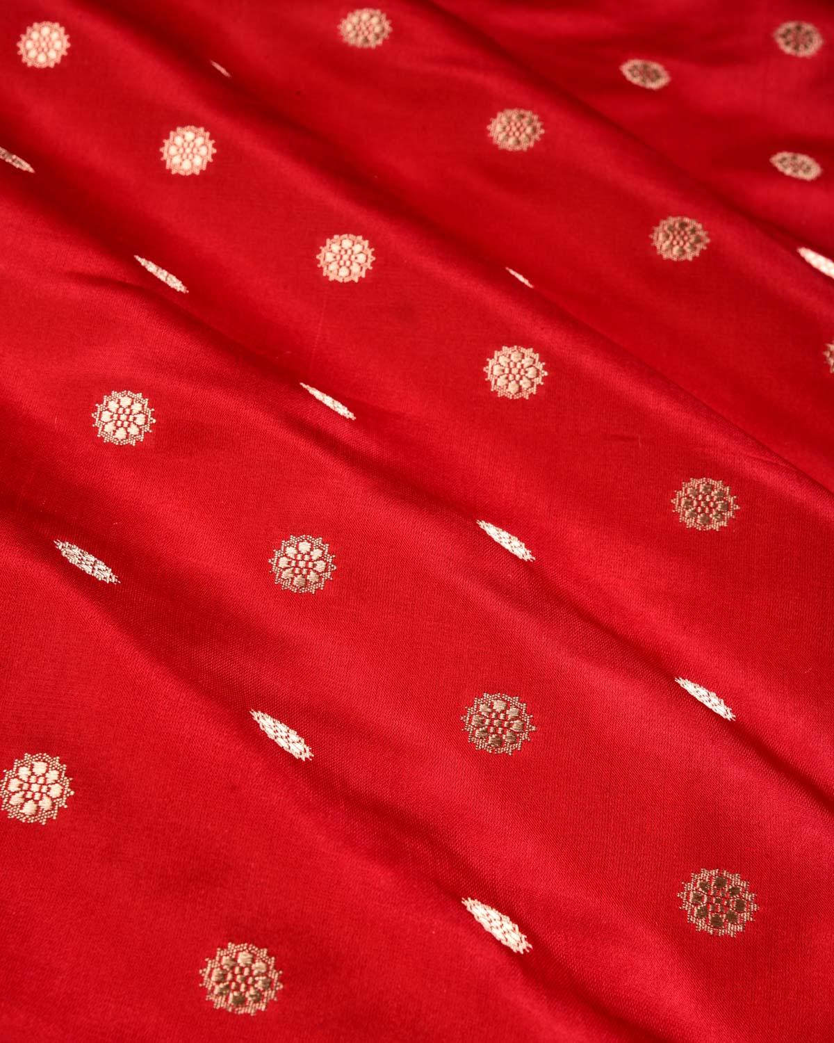Red Banarasi Satin Zari Buti Cutwork Brocade Handwoven Katan Silk Fabric - By HolyWeaves, Benares
