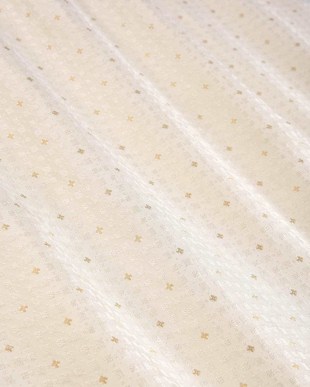 White Banarasi Zari Buti Tanchoi Brocade Handwoven Katan Silk Fabric - By HolyWeaves, Benares