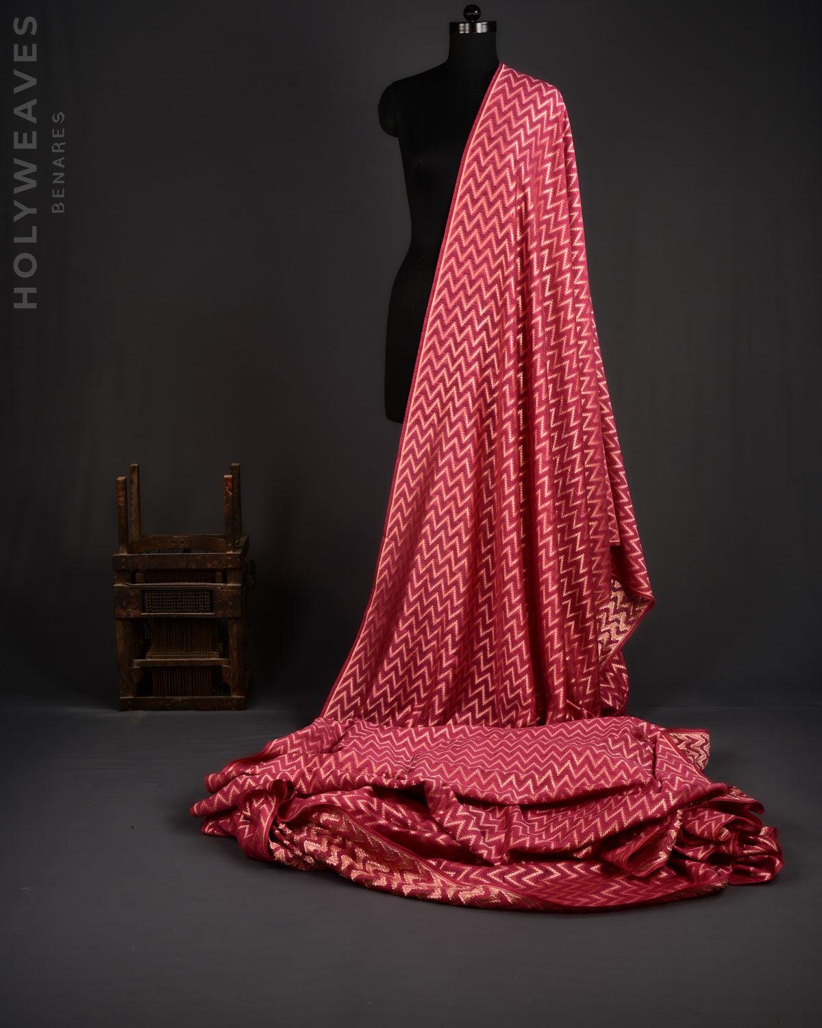 Muted Red Banarasi Gold Zari Striped Chevron Cutwork Brocade Handwoven Cotton Silk Fabric - By HolyWeaves, Benares