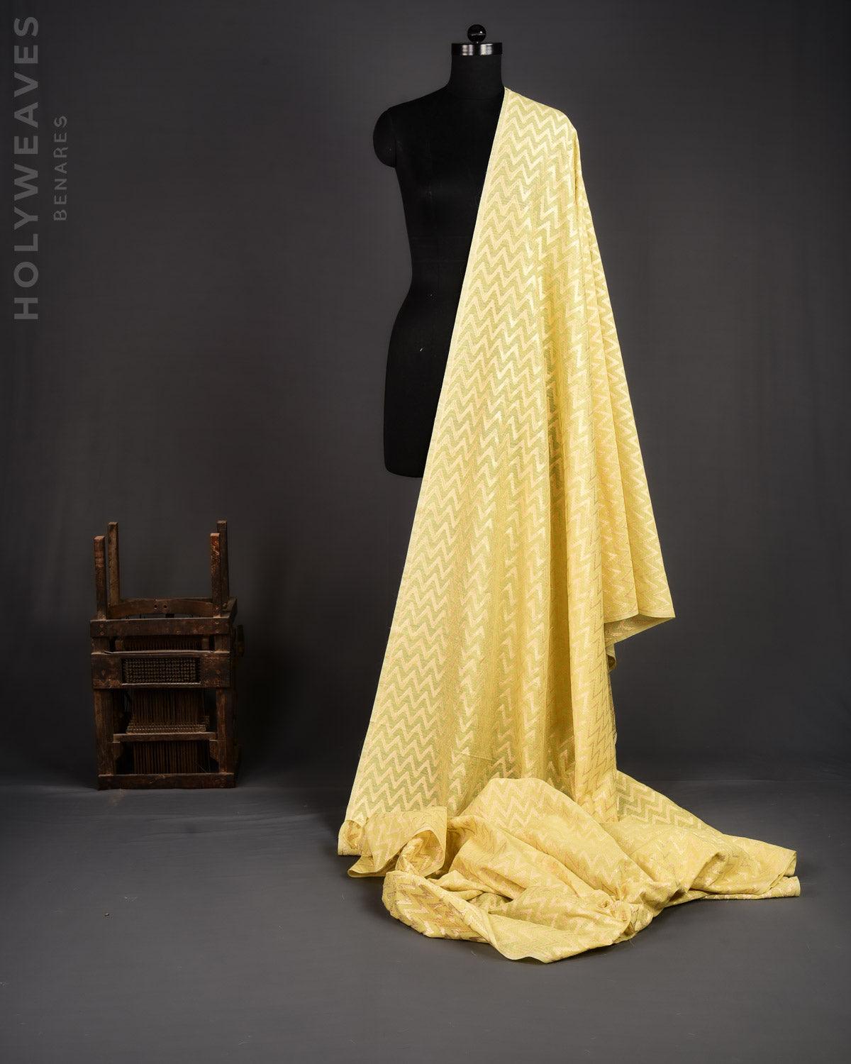 Lime Green Banarasi Gold Zari Striped Chevron Cutwork Brocade Handwoven Cotton Silk Fabric - By HolyWeaves, Benares
