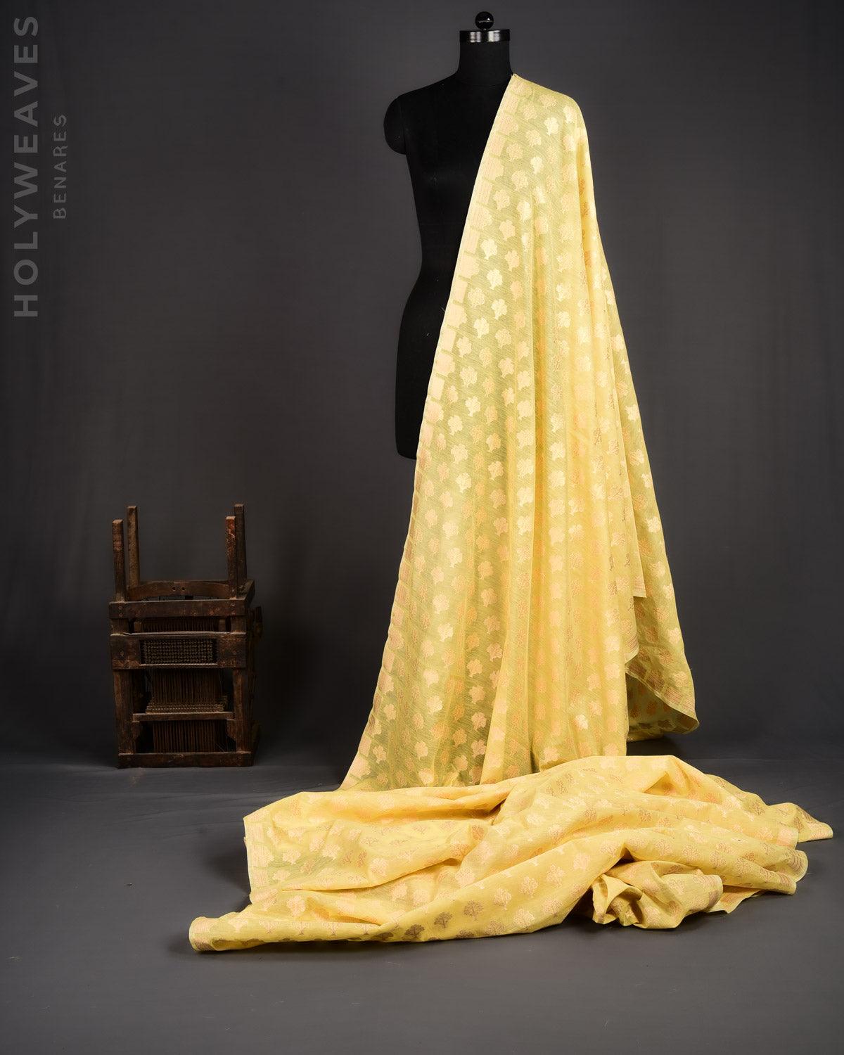 Yellow Banarasi Gold Zari Buti Cutwork Brocade Handwoven Cotton Silk Fabric - By HolyWeaves, Benares