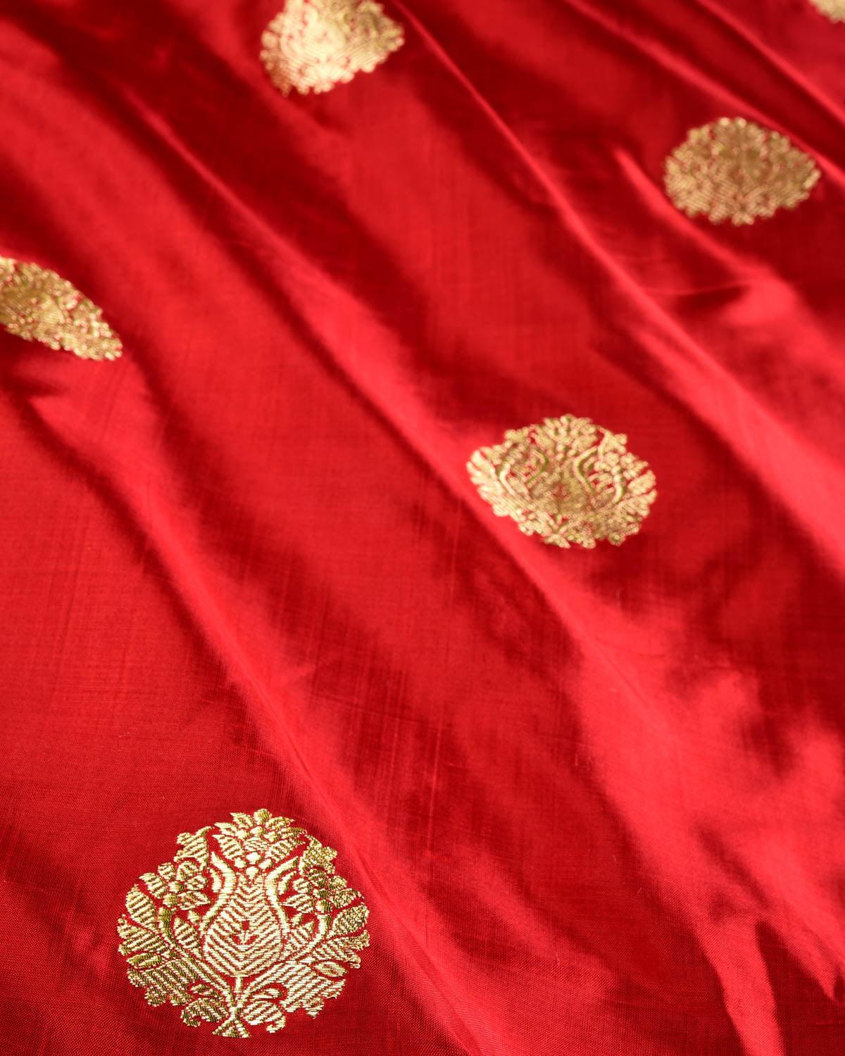 Red Banarasi Gold Zari Buta Kadhuan Brocade Handwoven Katan Silk Fabric - By HolyWeaves, Benares