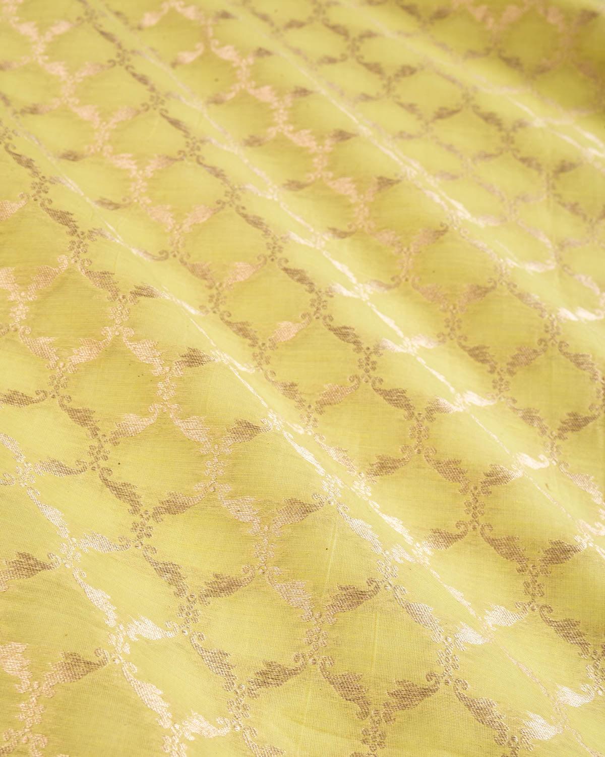 Green Banarasi Gold Zari Jangla Cutwork Brocade Handwoven Cotton Silk Fabric - By HolyWeaves, Benares