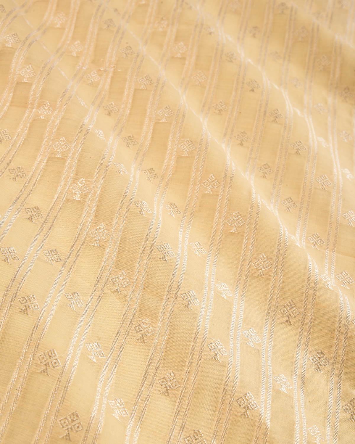 Beige Banarasi Silver Zari Stripes Buti Cutwork Brocade Handwoven Cotton Silk Fabric - By HolyWeaves, Benares