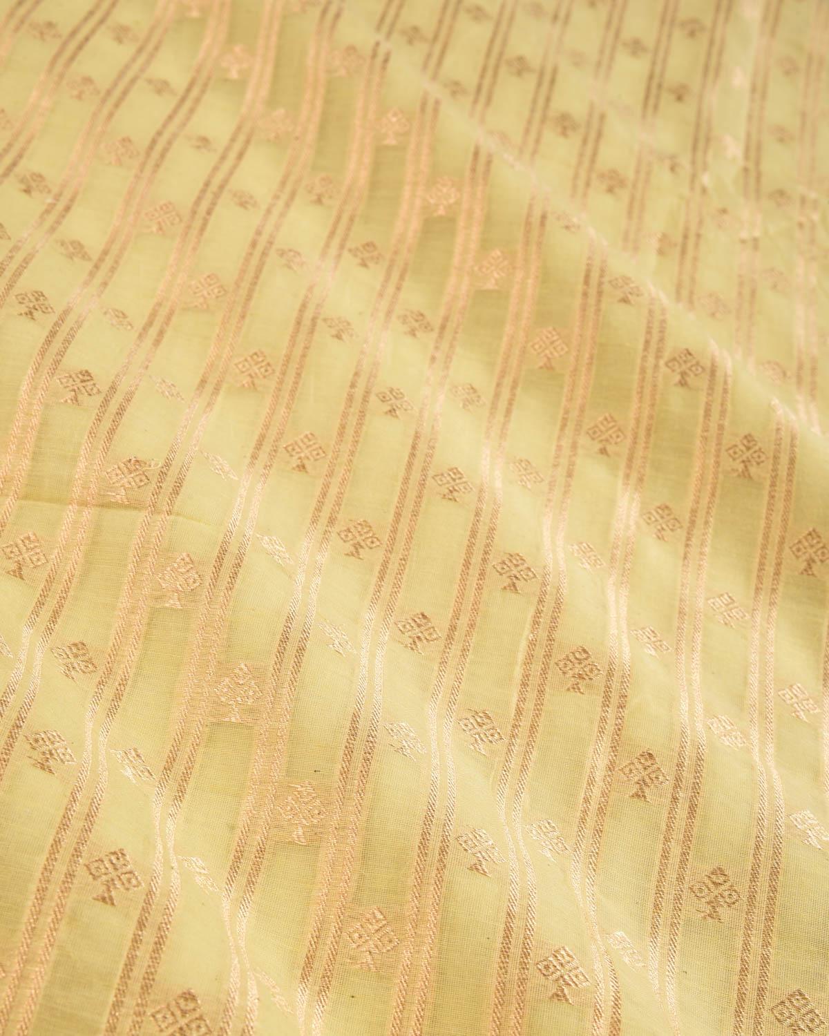 Green Banarasi Gold Zari Stripes Buti Cutwork Brocade Handwoven Cotton Silk Fabric - By HolyWeaves, Benares